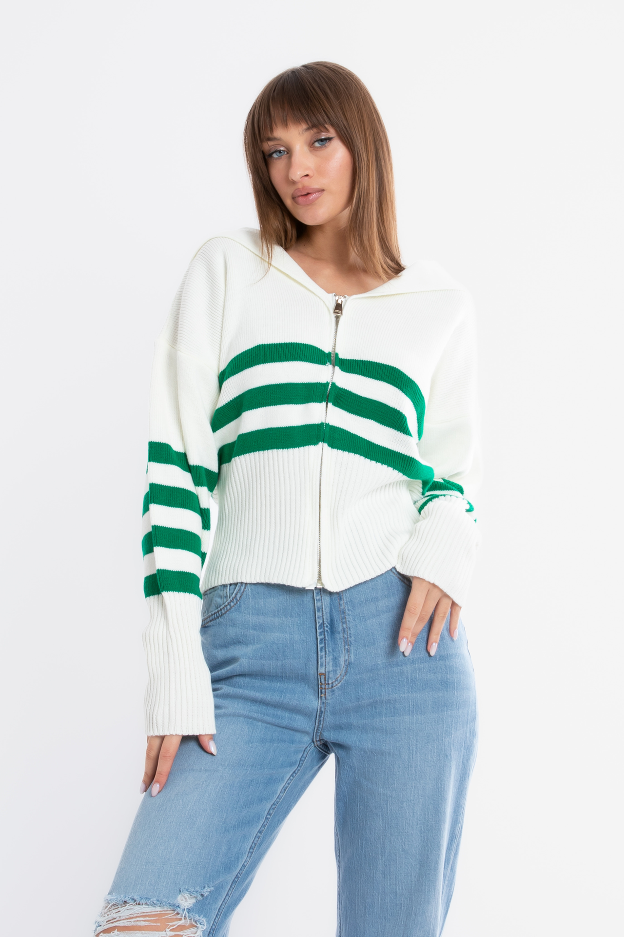 Striped Collar Zippered Oversized Cardigan