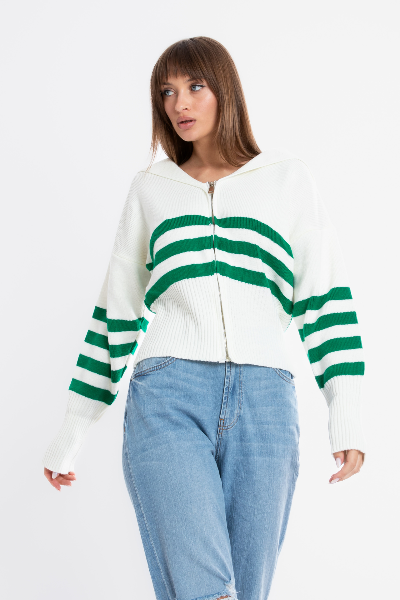 Striped Collar Zippered Oversized Cardigan