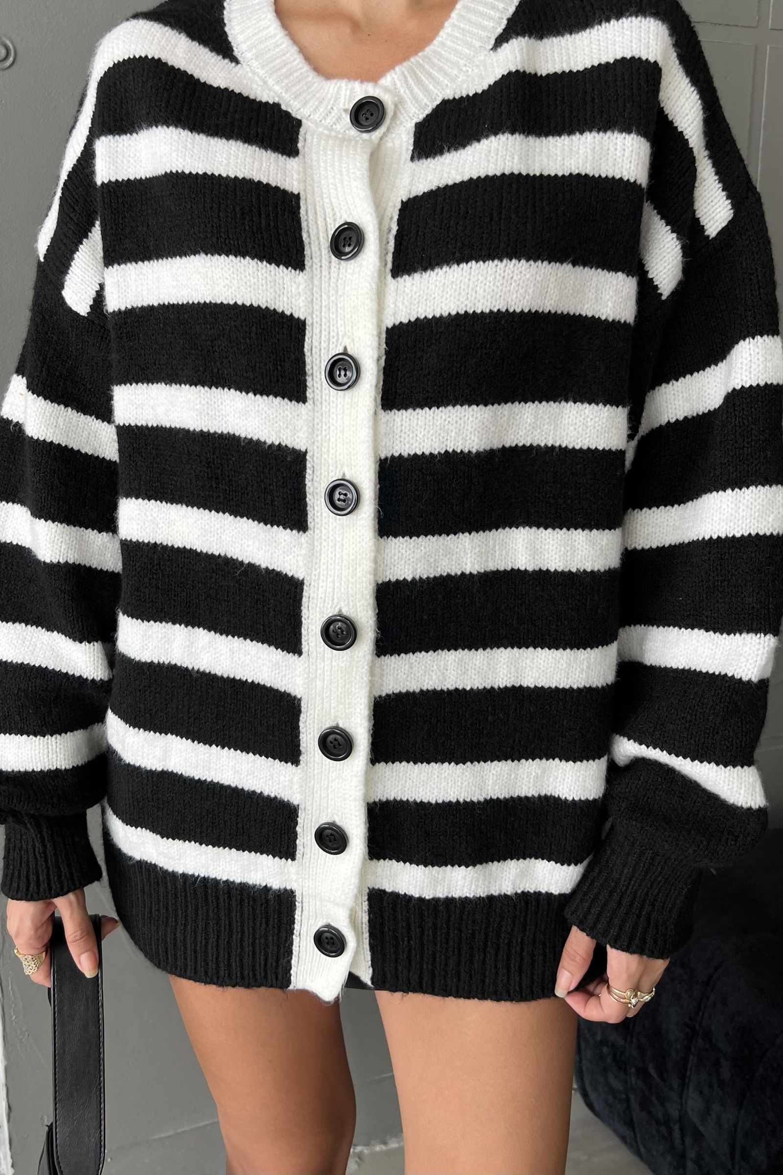 Striped Round Neck Buttoned Oversized Cardigan