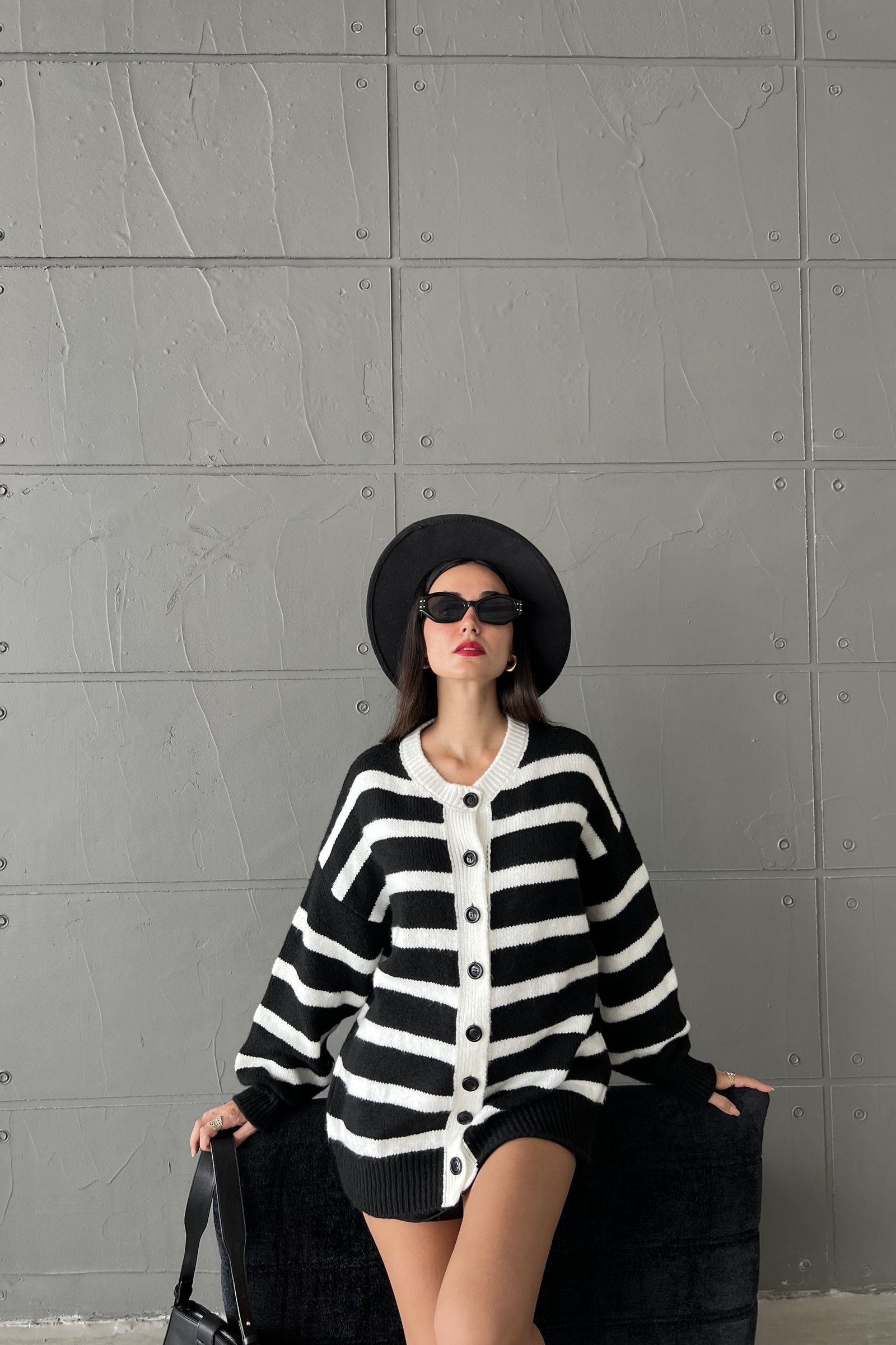 Striped Round Neck Buttoned Oversized Cardigan