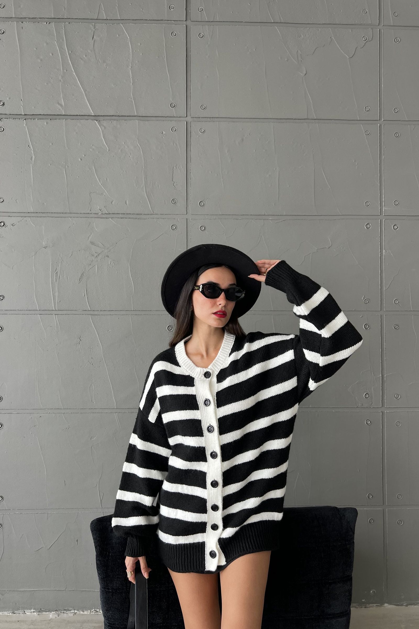 Striped Round Neck Buttoned Oversized Cardigan