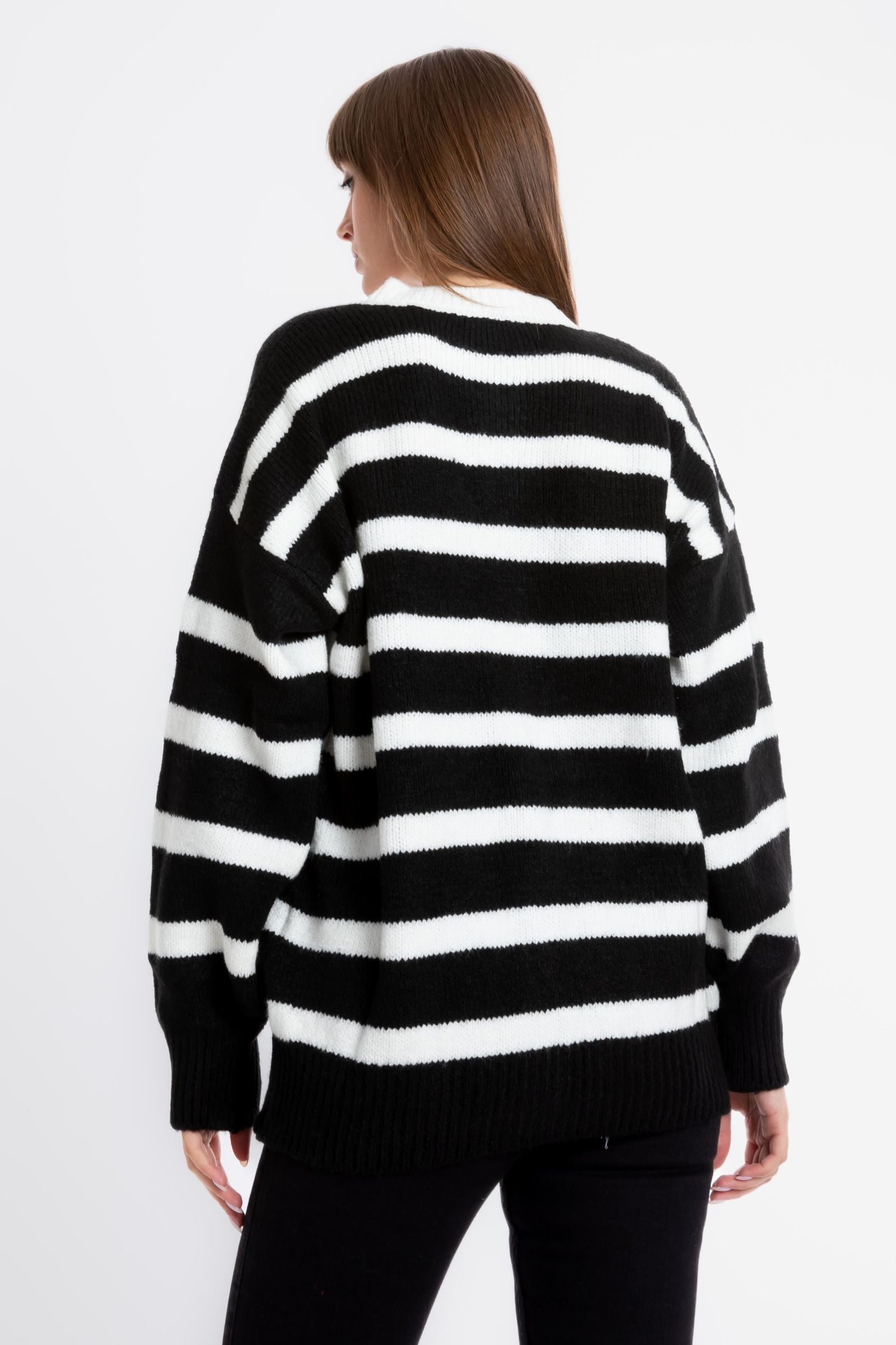 Striped Round Neck Buttoned Oversized Cardigan