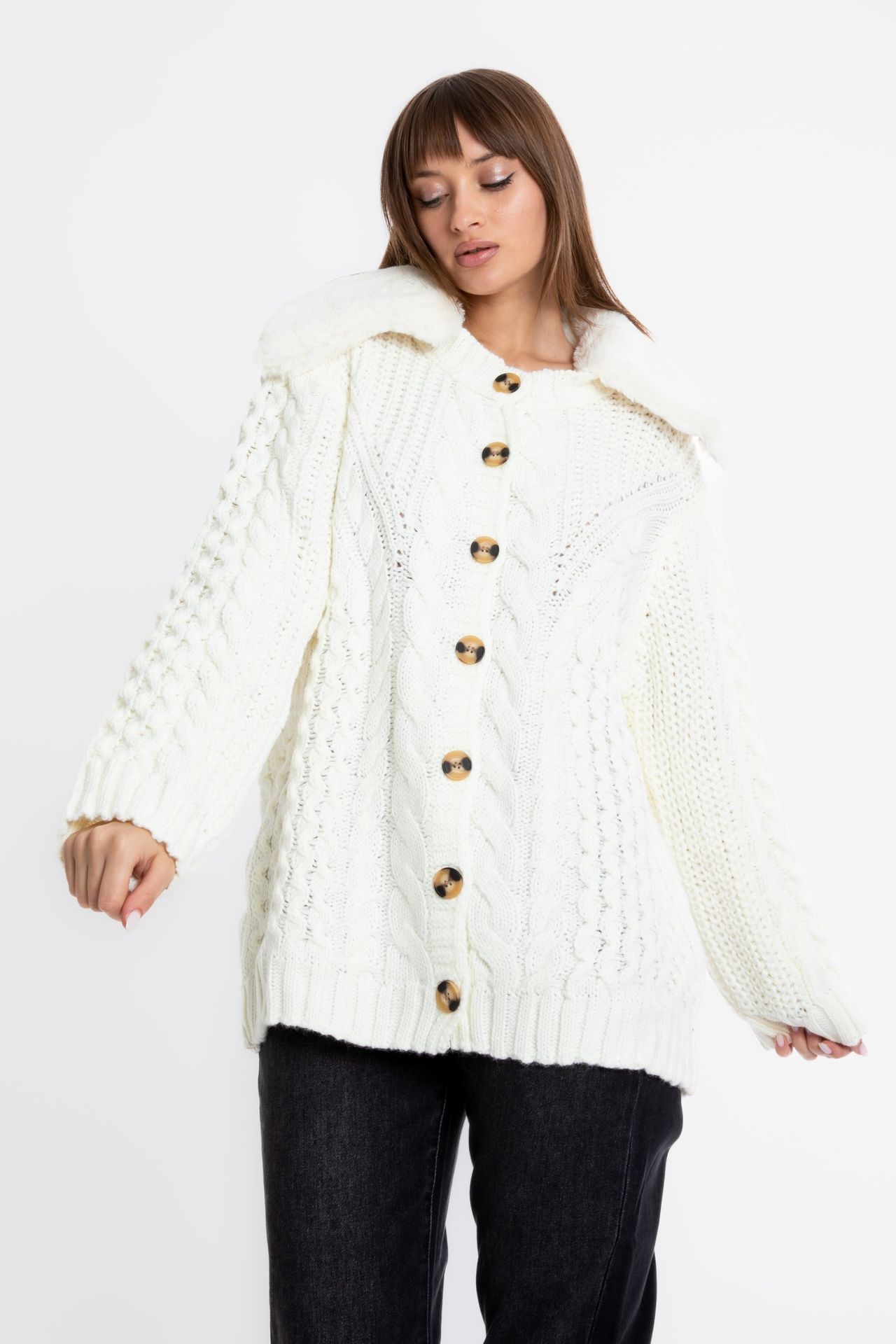 Cable Knitted Polo Collar Oversized Cardigan with a Fur Detail