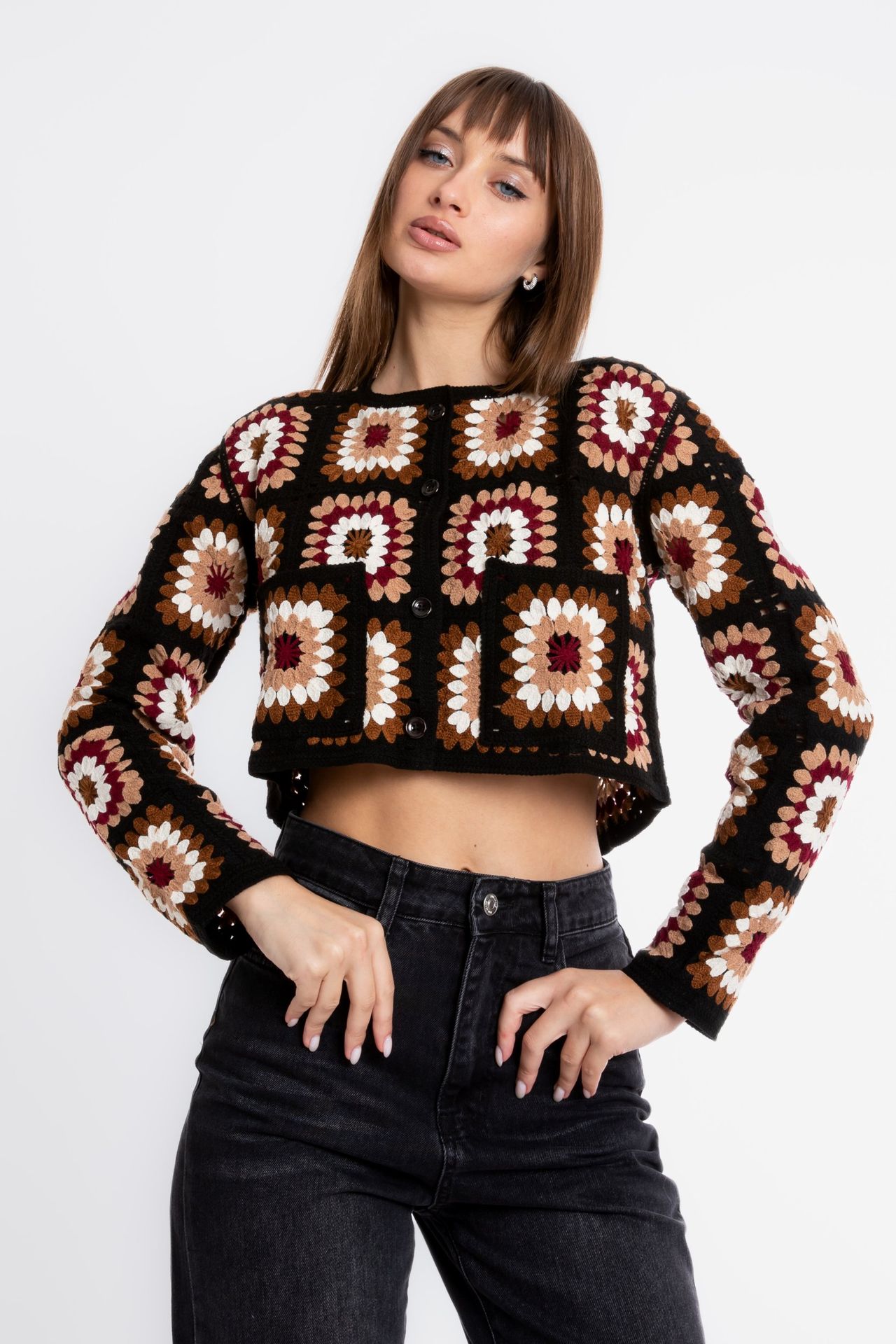 Floral Round Neck Pocket Crochet Cardigan