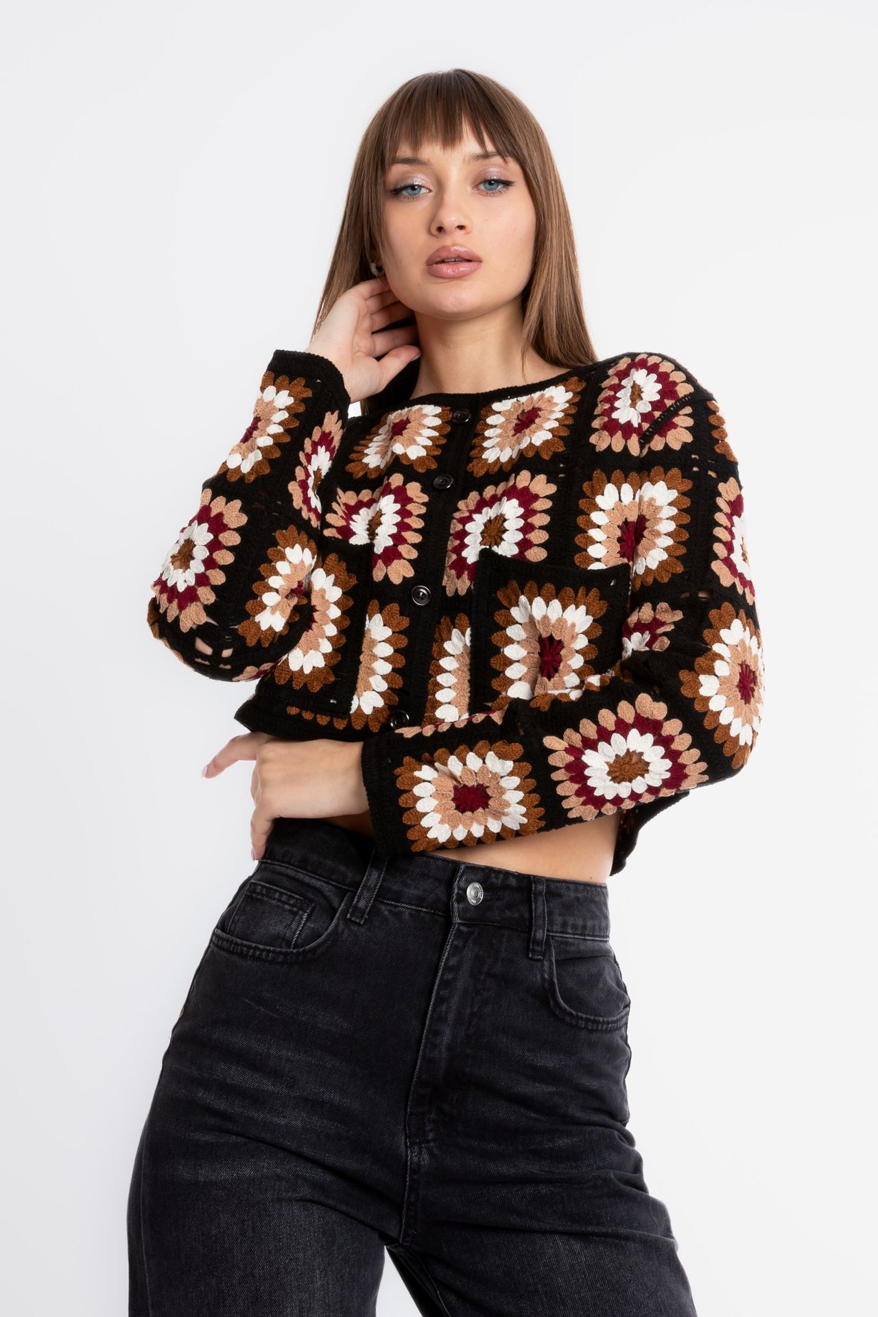 Floral Round Neck Pocket Crochet Cardigan