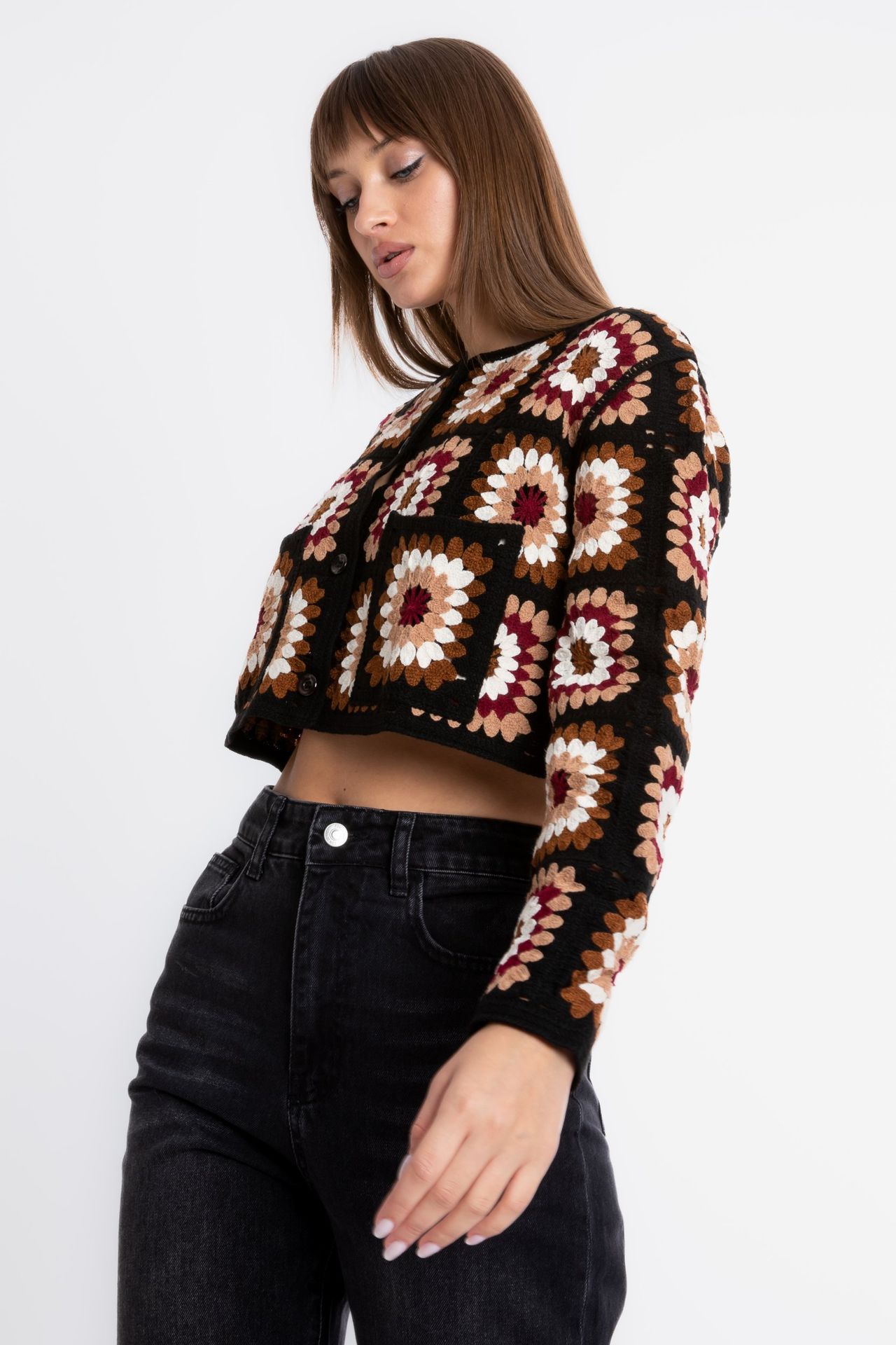 Floral Round Neck Pocket Crochet Cardigan