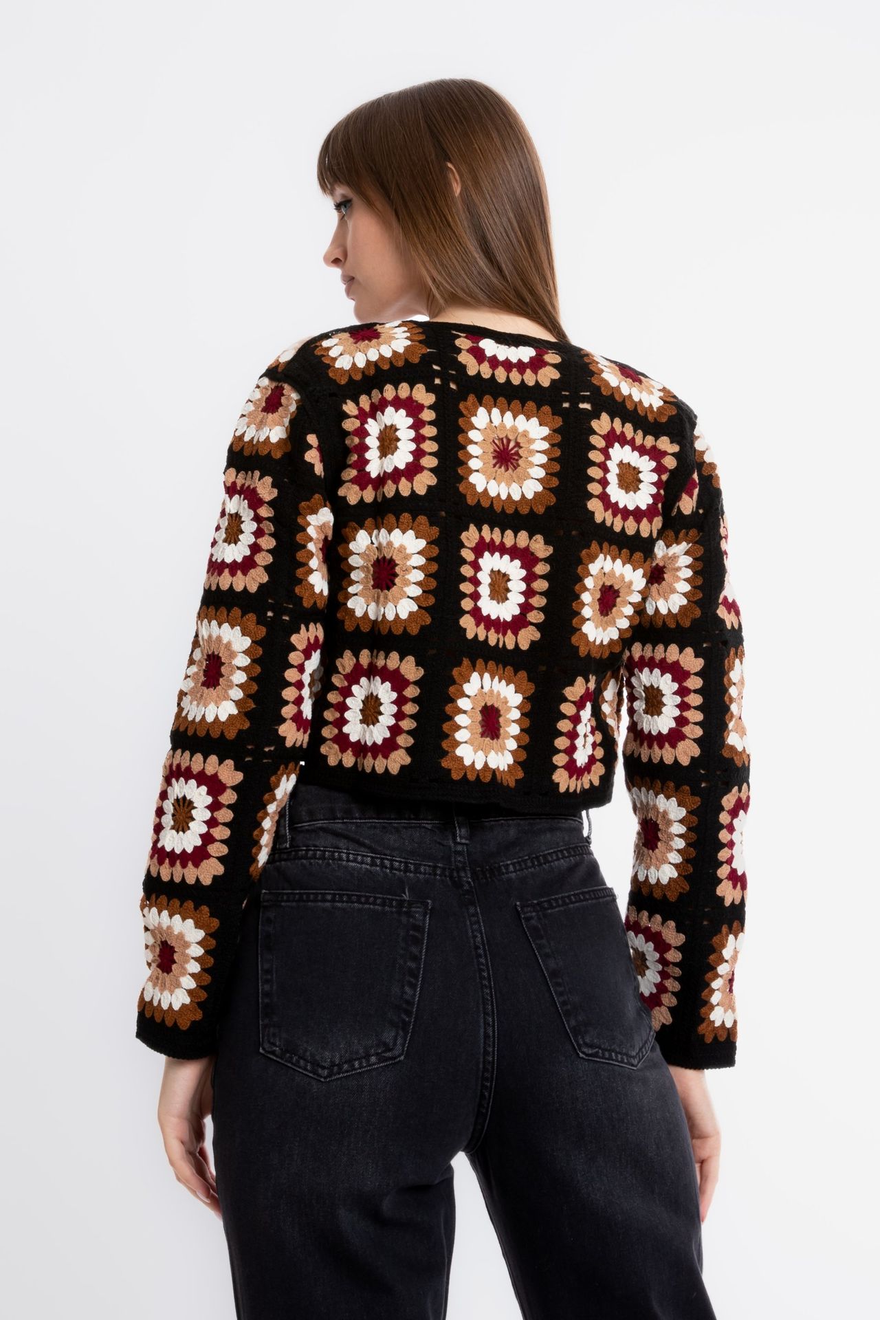 Floral Round Neck Pocket Crochet Cardigan
