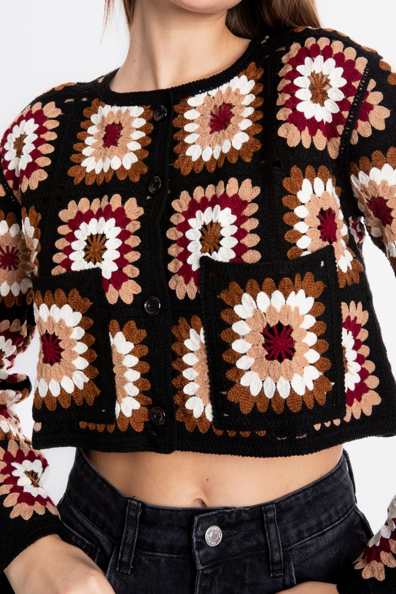 Floral Round Neck Pocket Crochet Cardigan