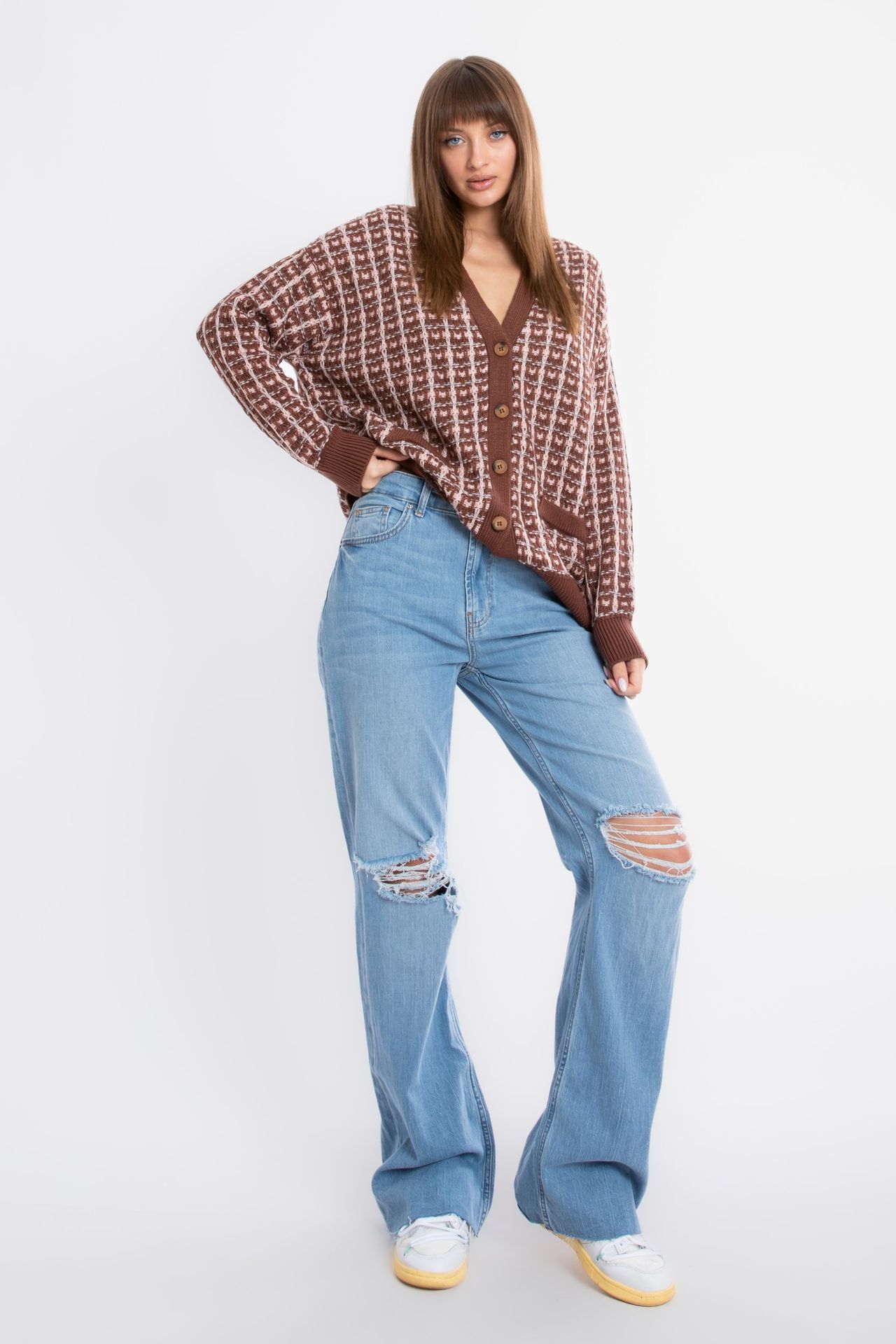 Checked V Neck Pocket Oversized Cardigan