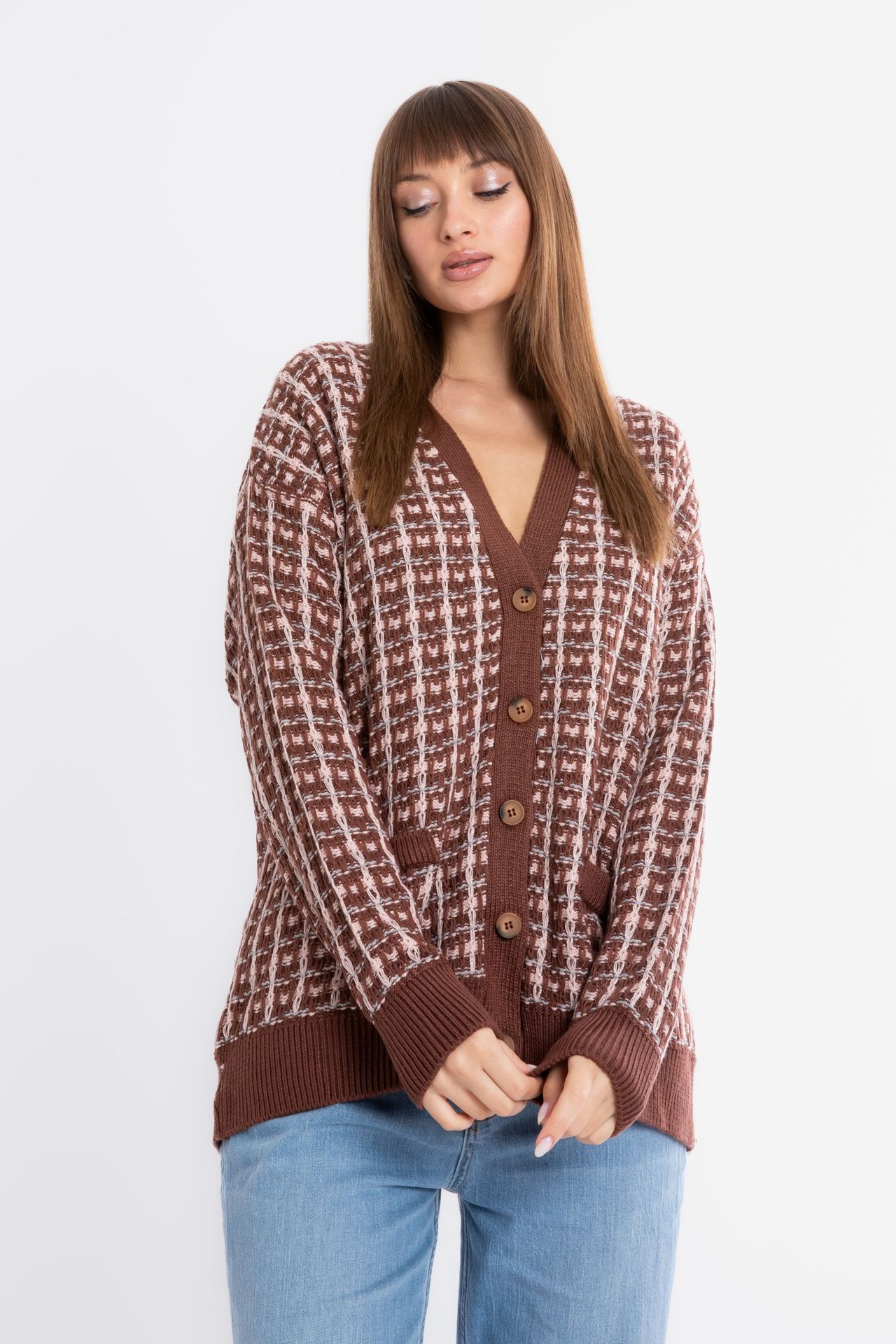 Checked V Neck Pocket Oversized Cardigan