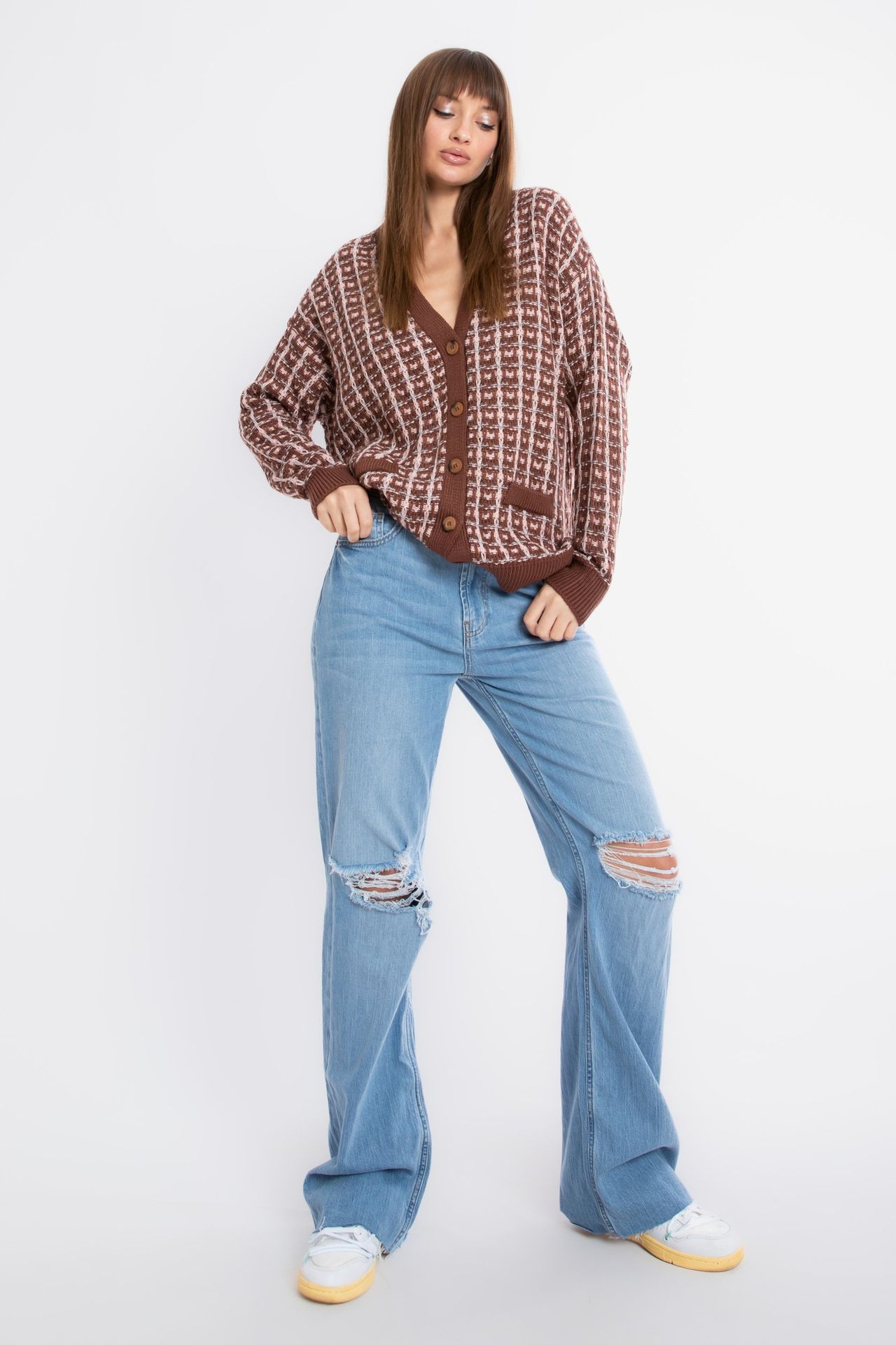 Checked V Neck Pocket Oversized Cardigan