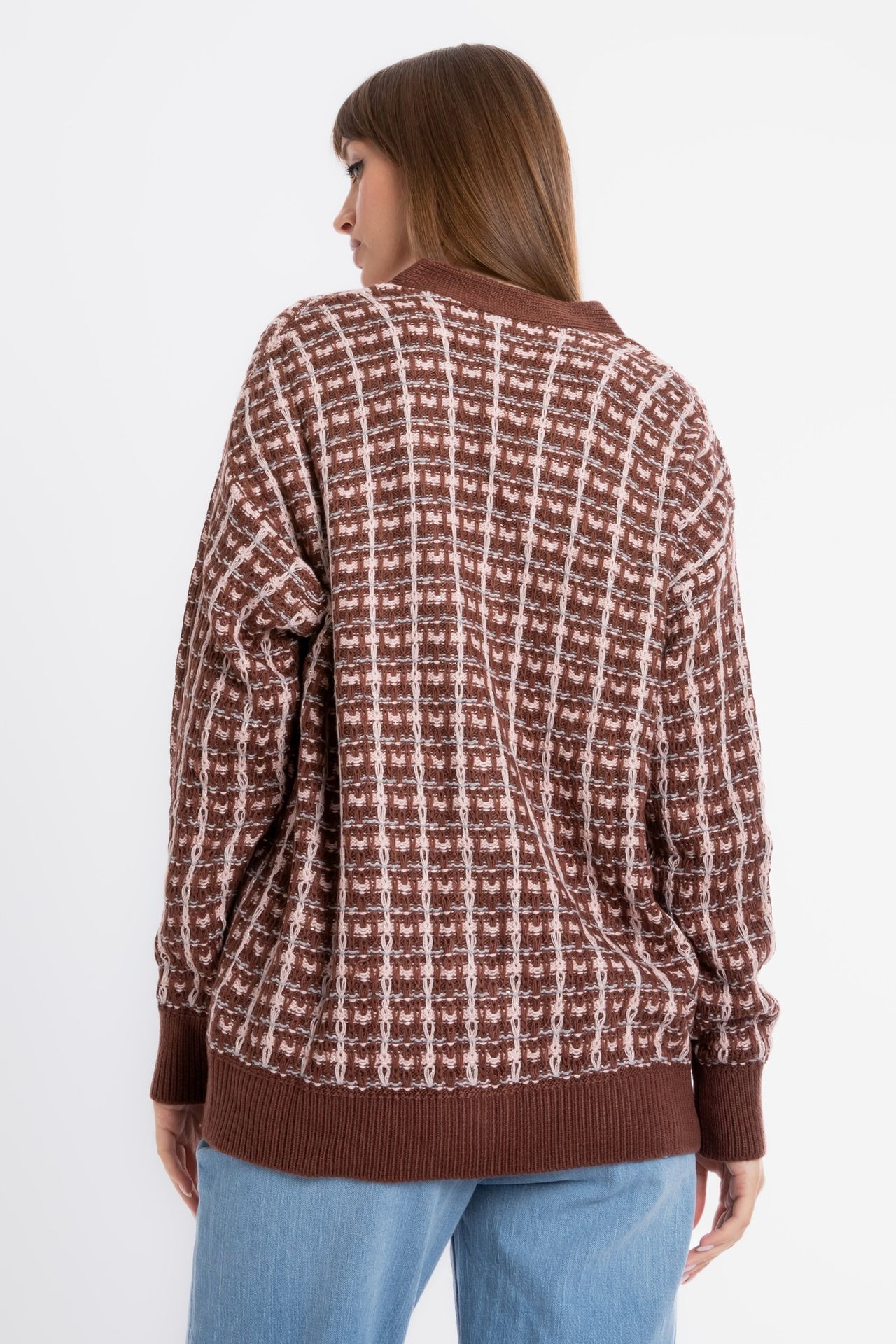 Checked V Neck Pocket Oversized Cardigan