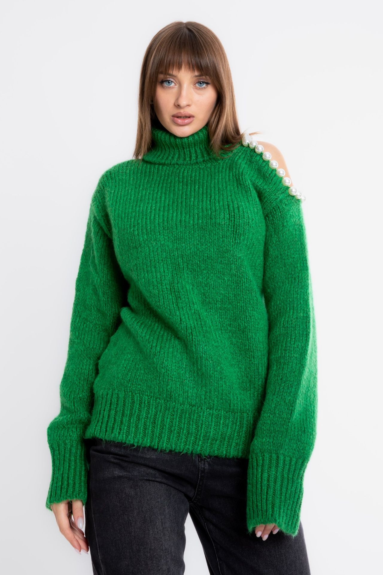 Turtleneck Cold Shoulder Oversized Sweater with a Pearl Detail