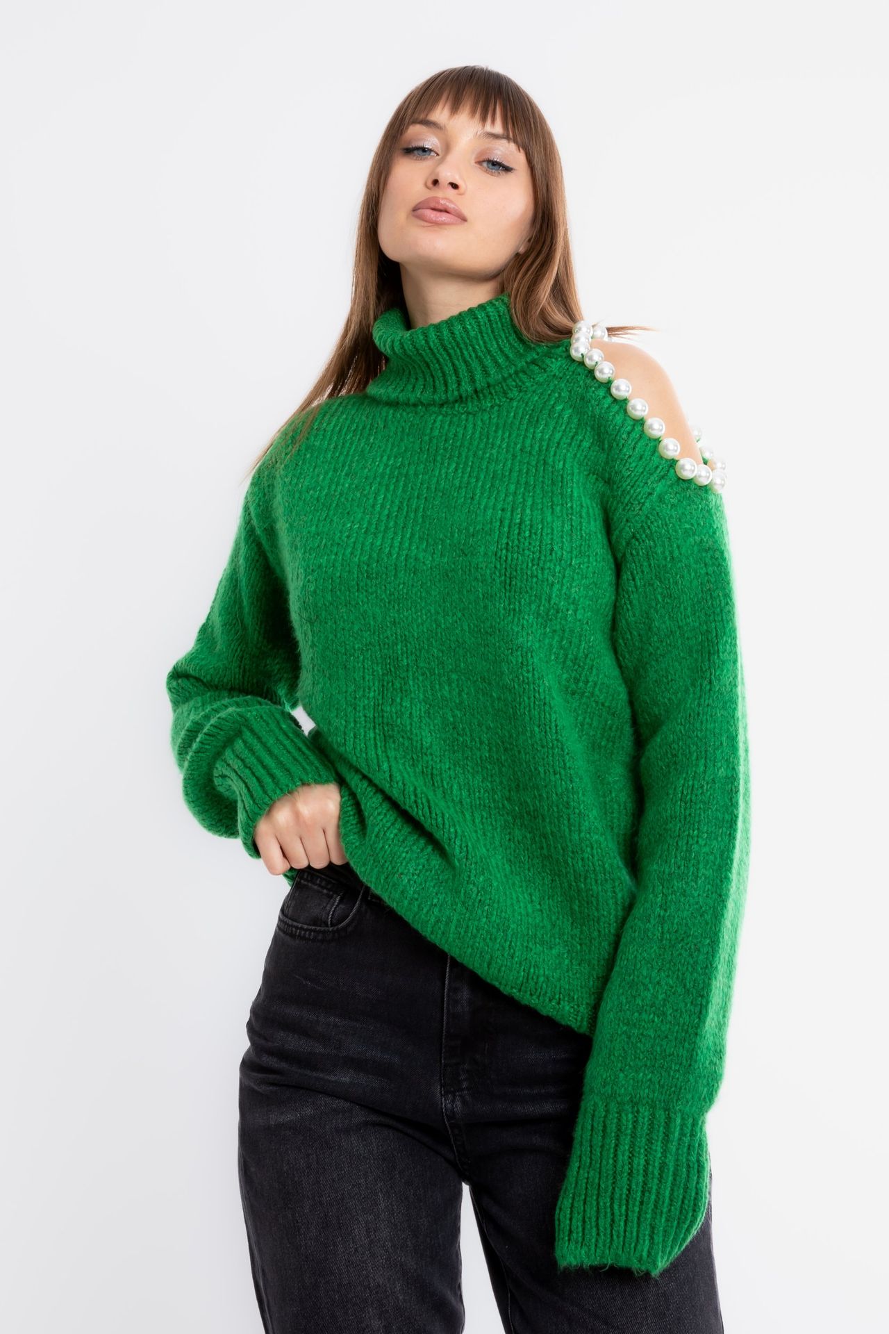Turtleneck Cold Shoulder Oversized Sweater with a Pearl Detail