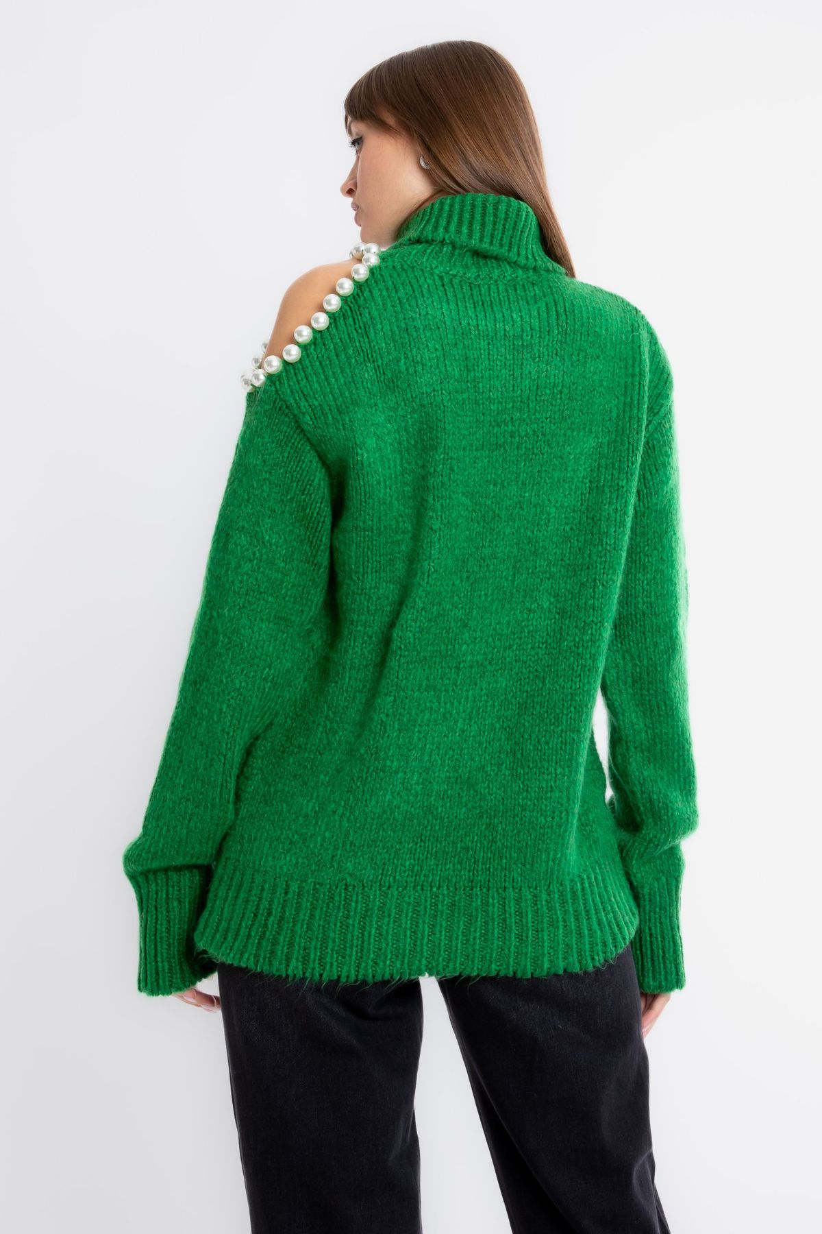 Turtleneck Cold Shoulder Oversized Sweater with a Pearl Detail