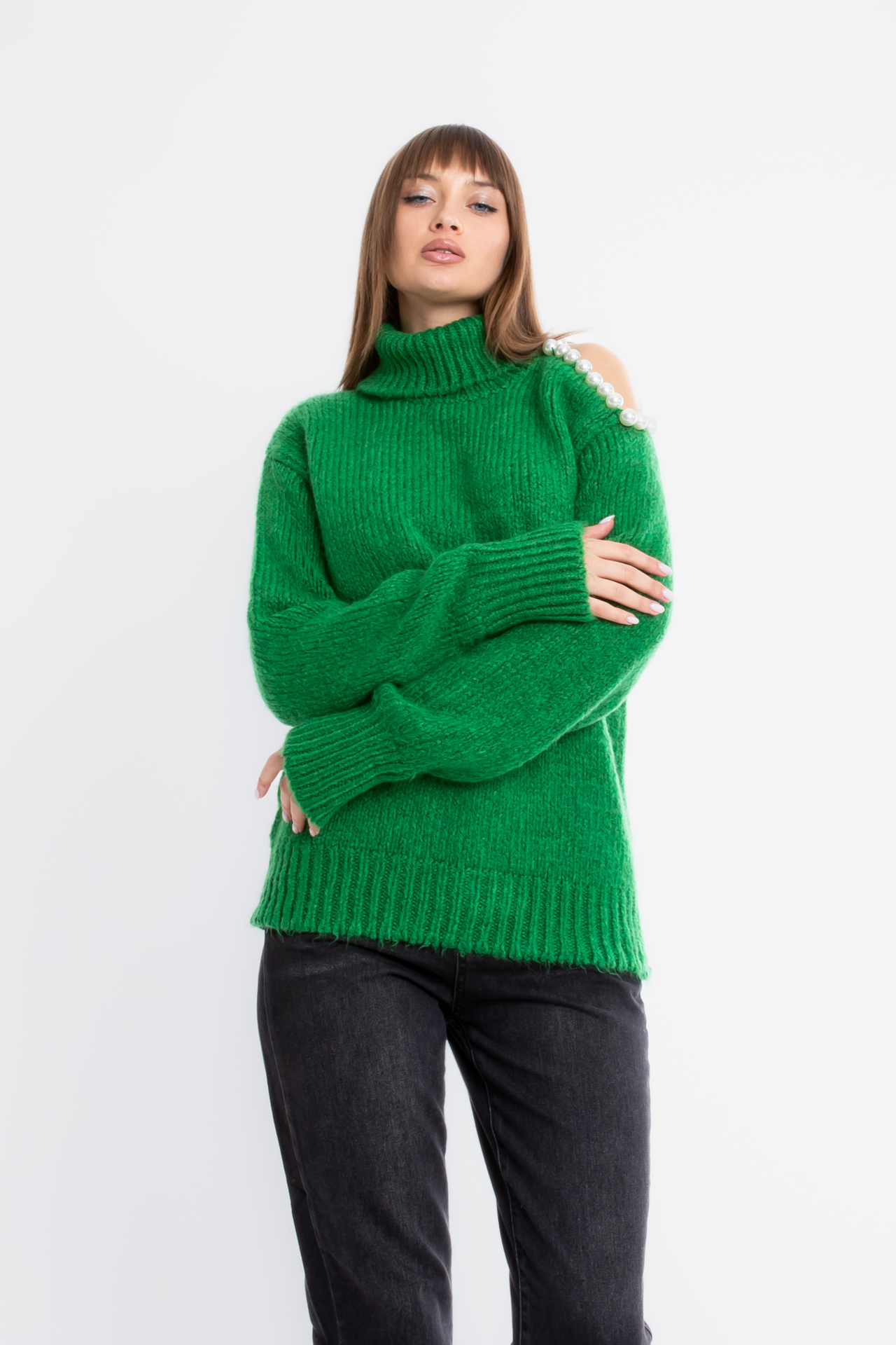 Turtleneck Cold Shoulder Oversized Sweater with a Pearl Detail