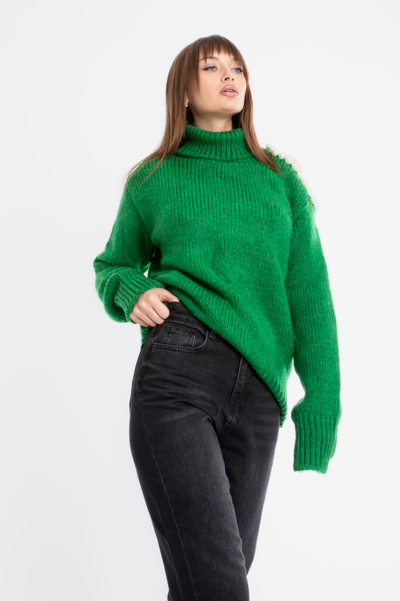 Turtleneck Cold Shoulder Oversized Sweater with a Pearl Detail