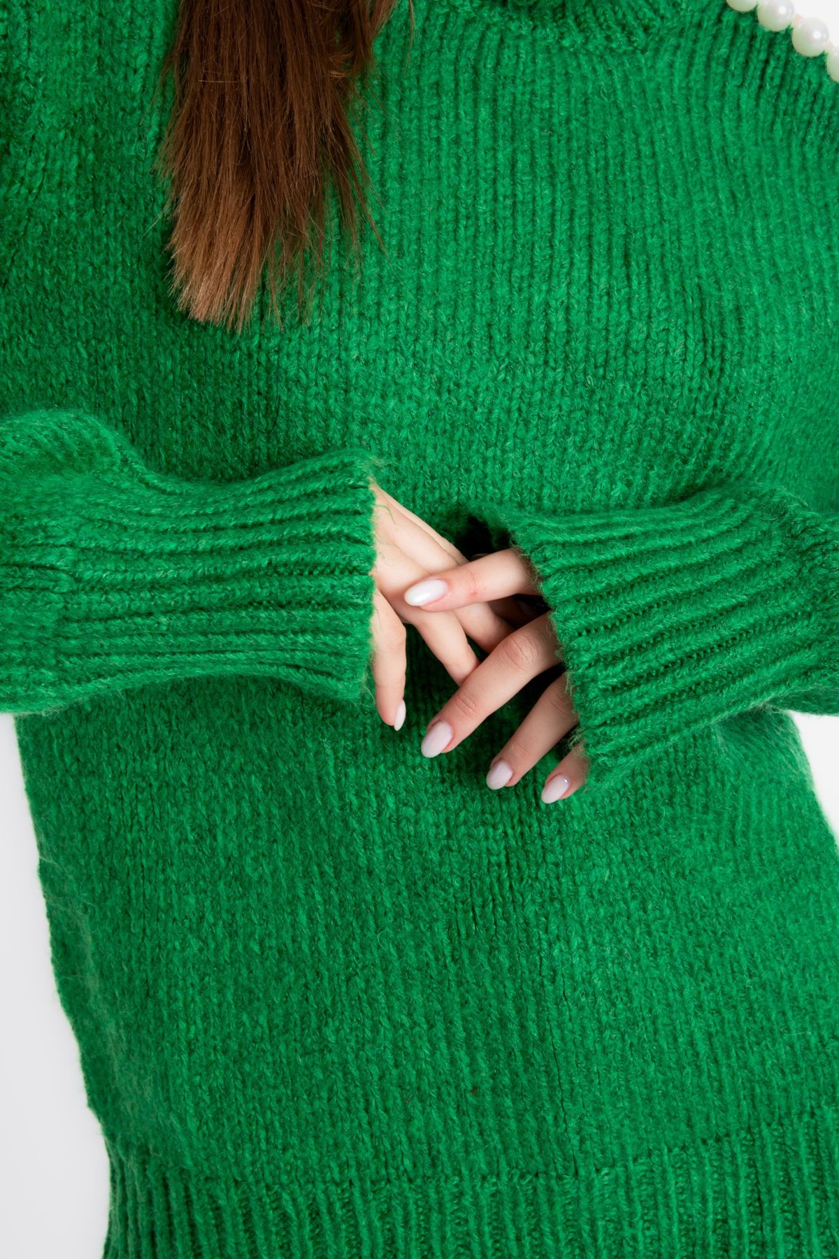 Turtleneck Cold Shoulder Oversized Sweater with a Pearl Detail