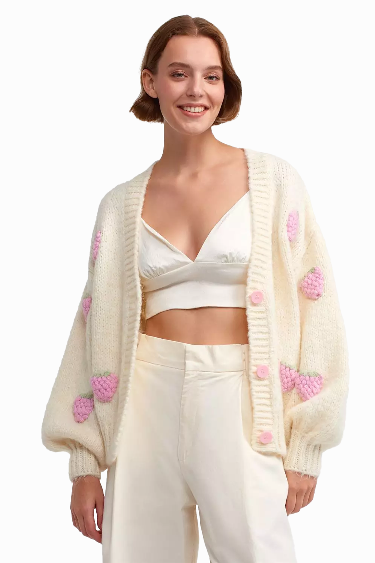 Strawberry Embroidered V Neck Baloon Sleeve Oversized Cardigan