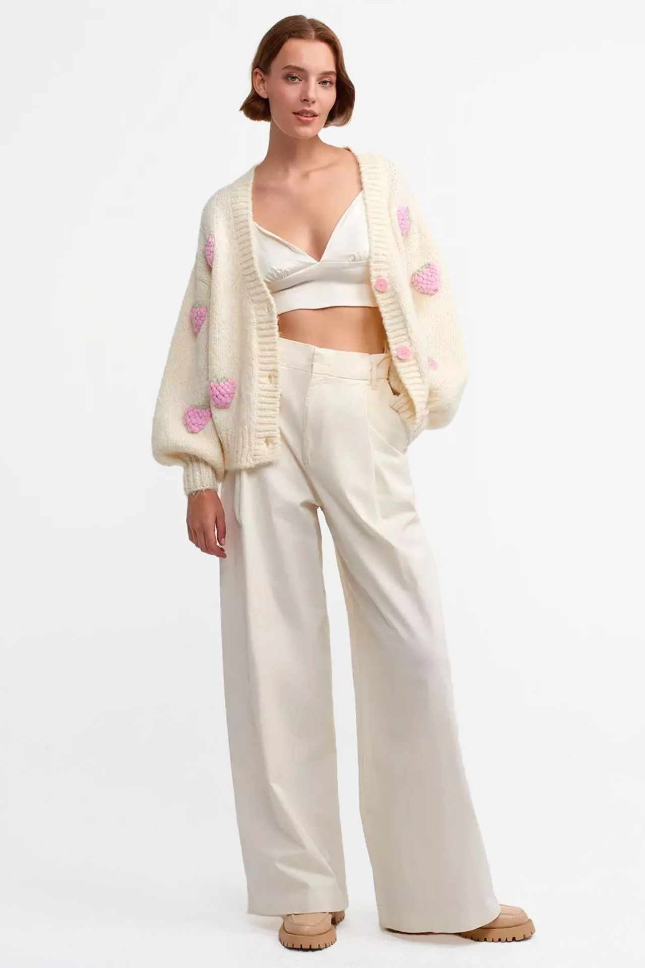 Strawberry Embroidered V Neck Baloon Sleeve Oversized Cardigan