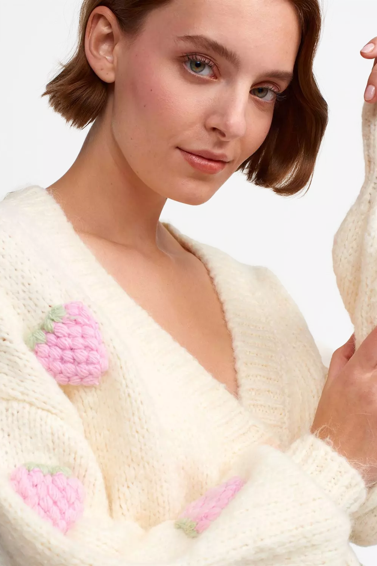 Strawberry Embroidered V Neck Baloon Sleeve Oversized Cardigan