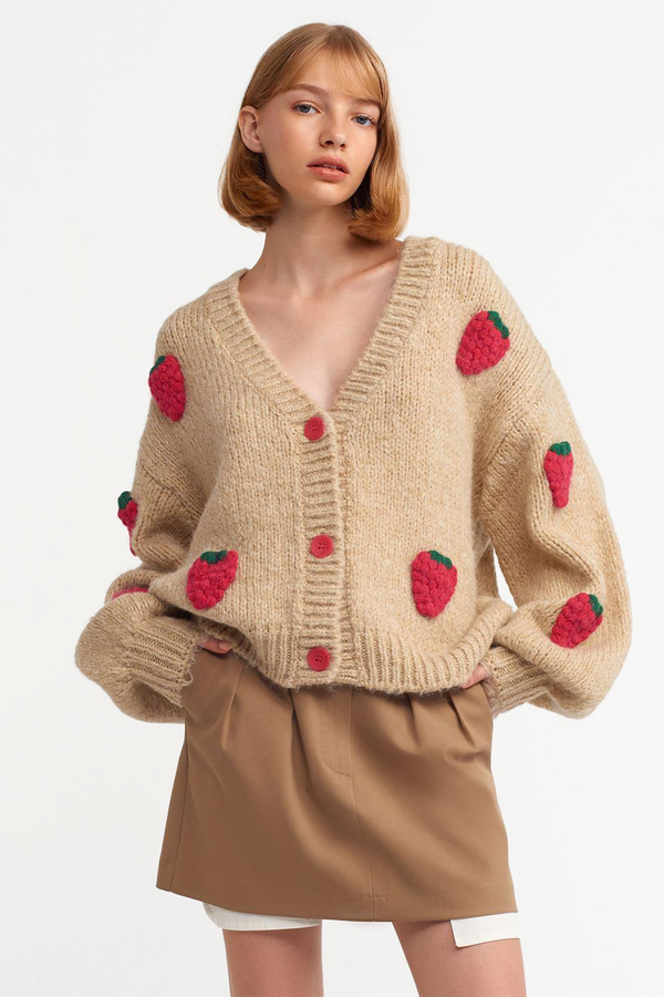 Embroidered Ribbed Oversized V-Neck Cardigan 1
