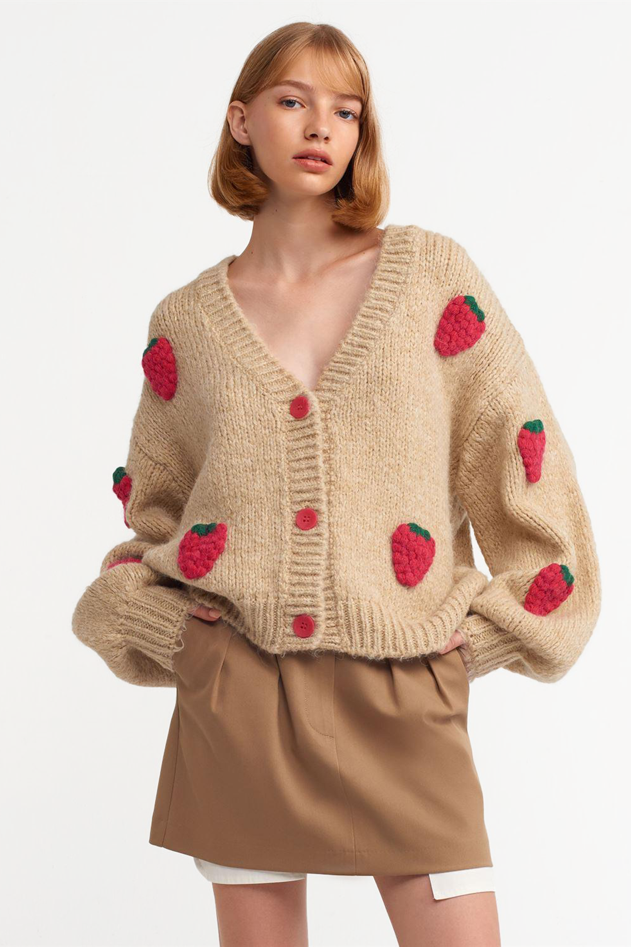 Strawberry Embroidered V Neck Baloon Sleeve Oversized Cardigan