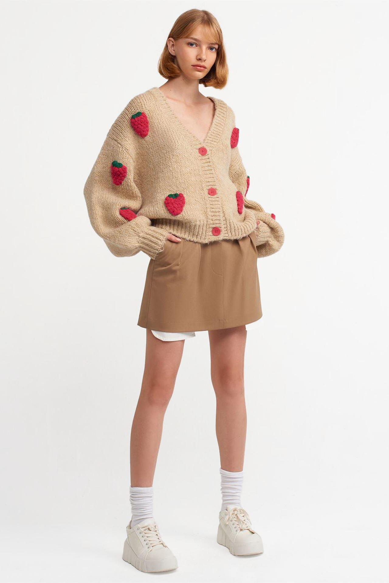 Strawberry Embroidered V Neck Baloon Sleeve Oversized Cardigan