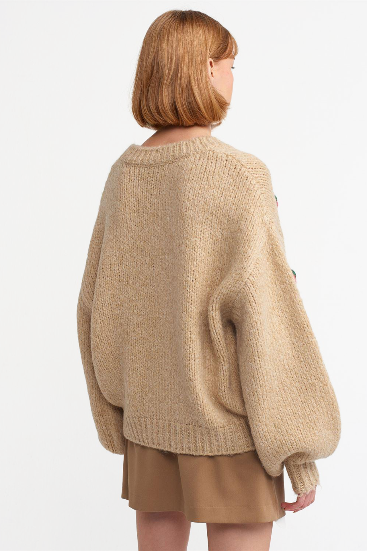 Strawberry Embroidered V Neck Baloon Sleeve Oversized Cardigan