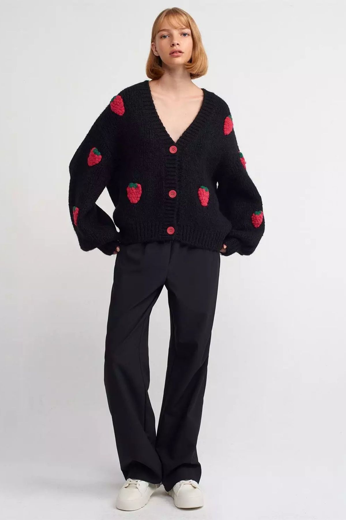 Strawberry Embroidered V Neck Baloon Sleeve Oversized Cardigan