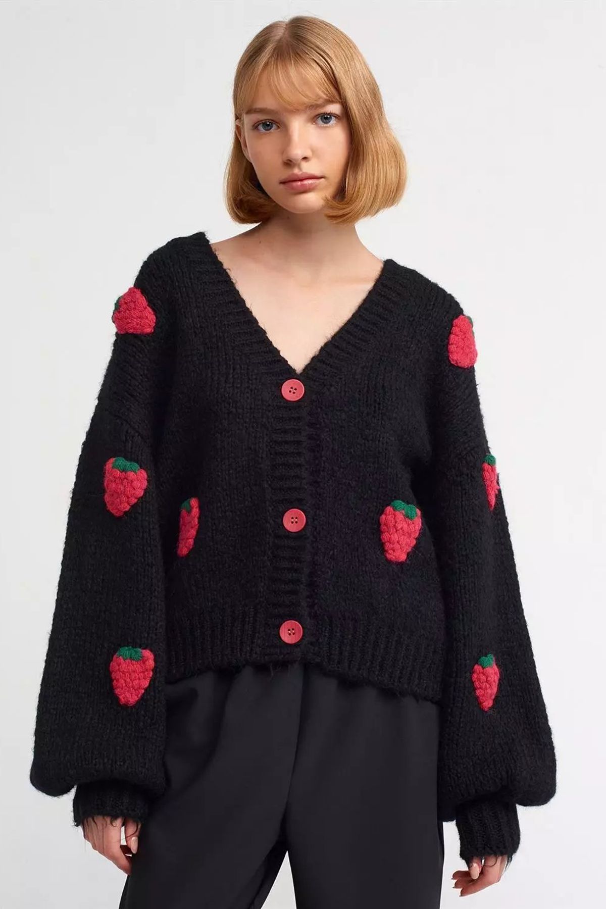 Strawberry Embroidered V Neck Baloon Sleeve Oversized Cardigan