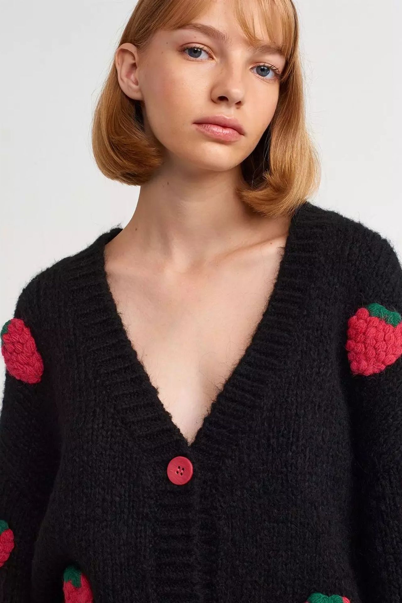 Strawberry Embroidered V Neck Baloon Sleeve Oversized Cardigan