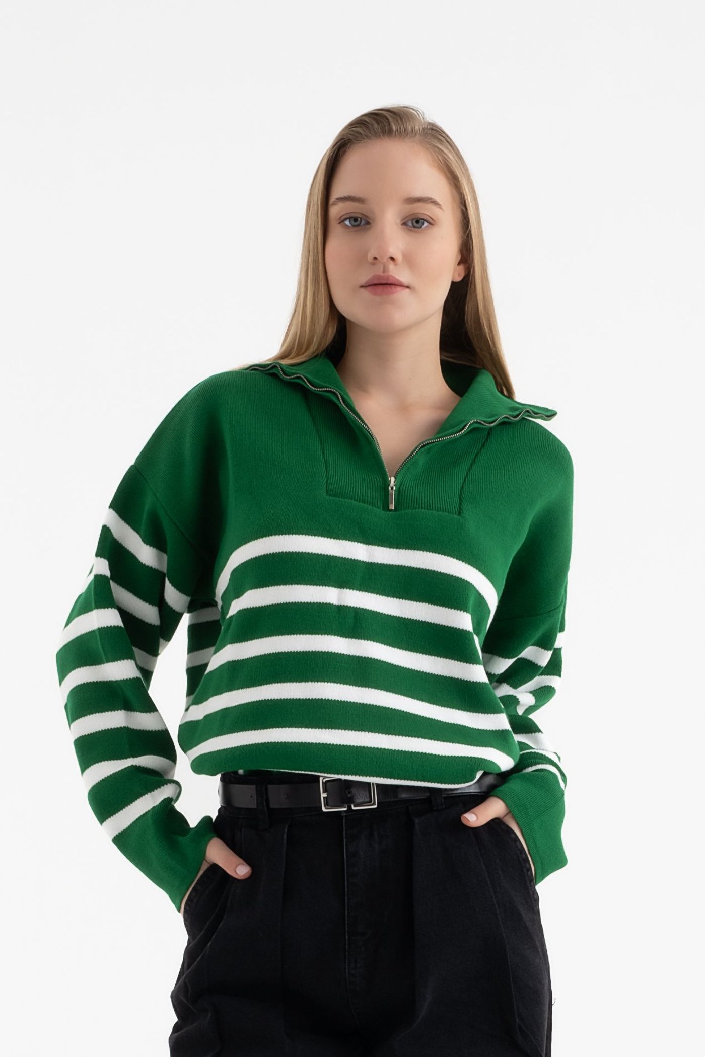 Striped High Neck Oversized Sweater with a Zippered Neck