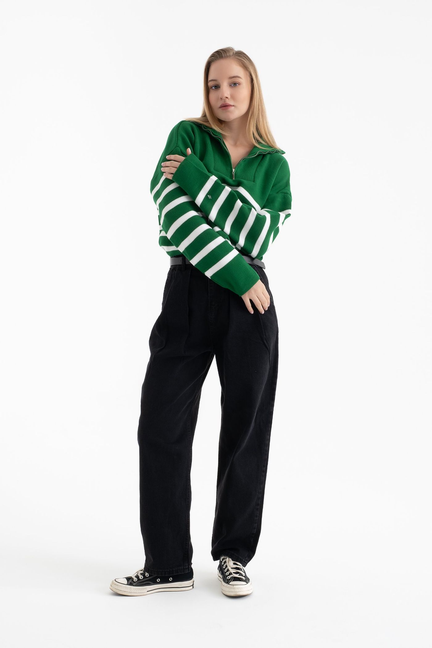 Striped High Neck Oversized Sweater with a Zippered Neck