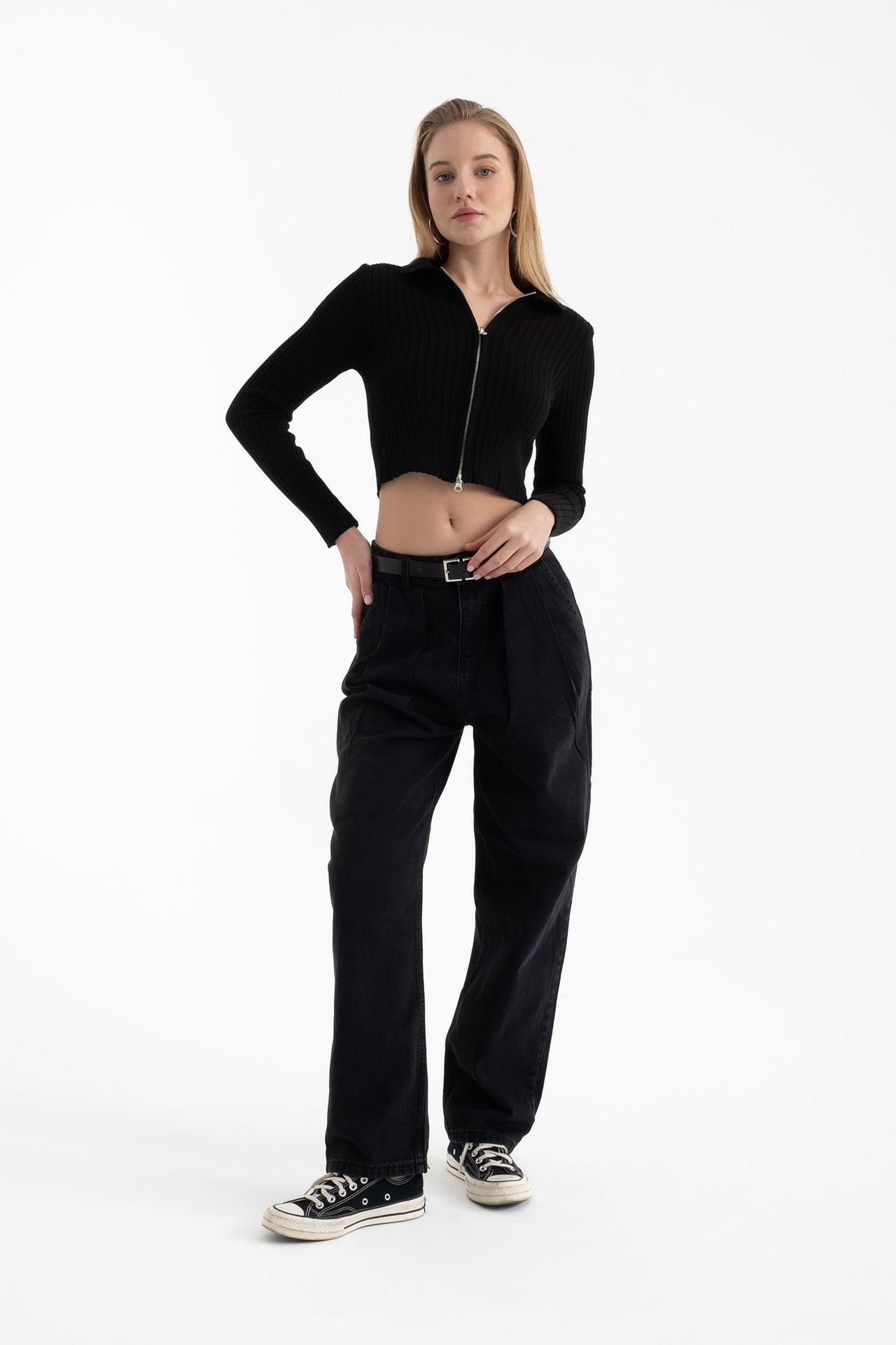 Polo Collar Ribbed Zippered Cropped Cardigan