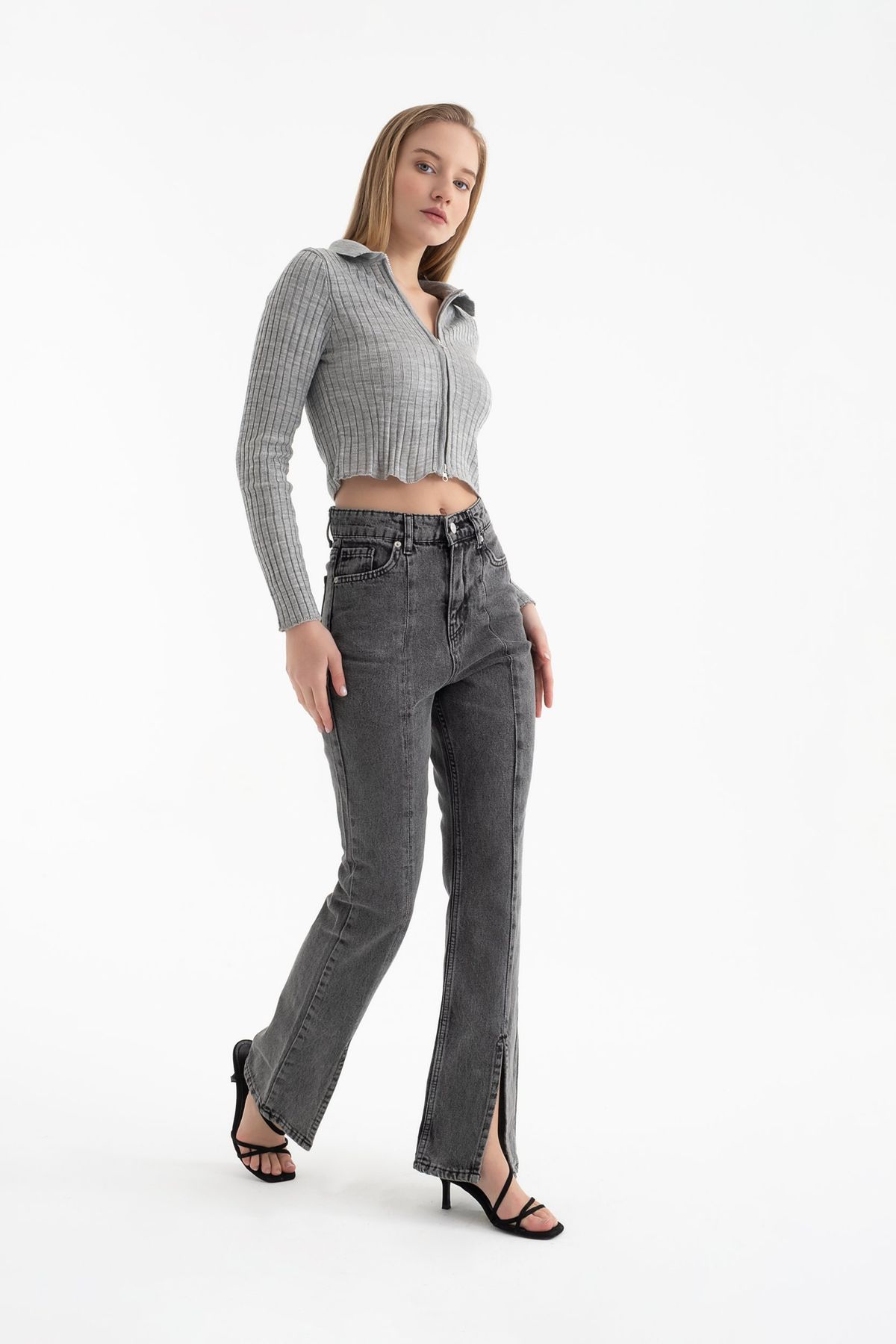 Polo Collar Ribbed Zippered Cropped Cardigan