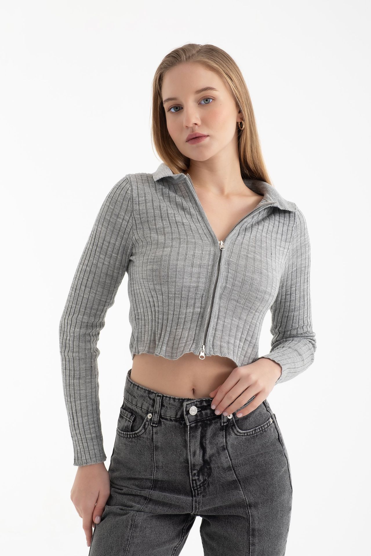 Polo Collar Ribbed Zippered Cropped Cardigan
