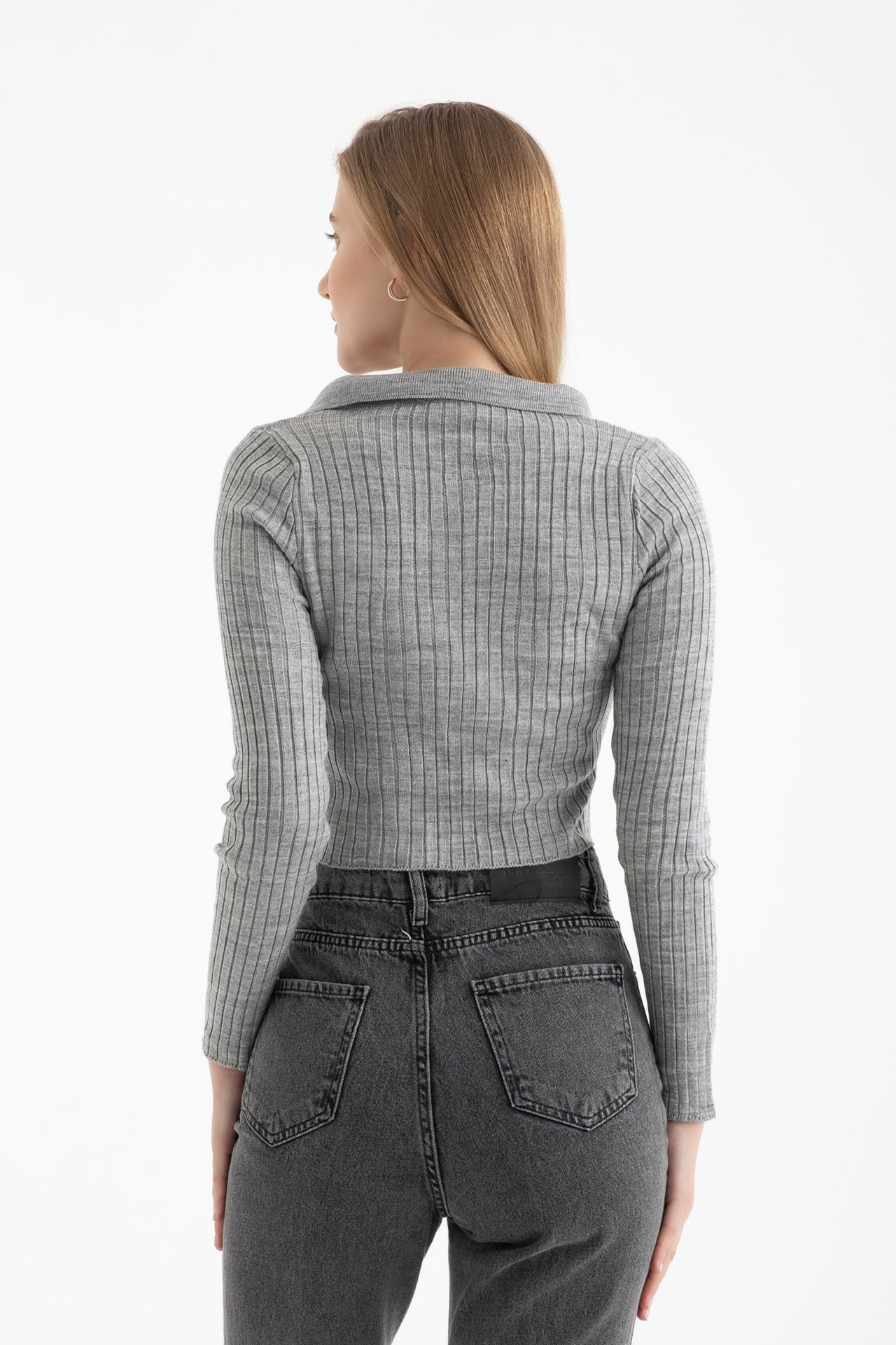 Polo Collar Ribbed Zippered Cropped Cardigan