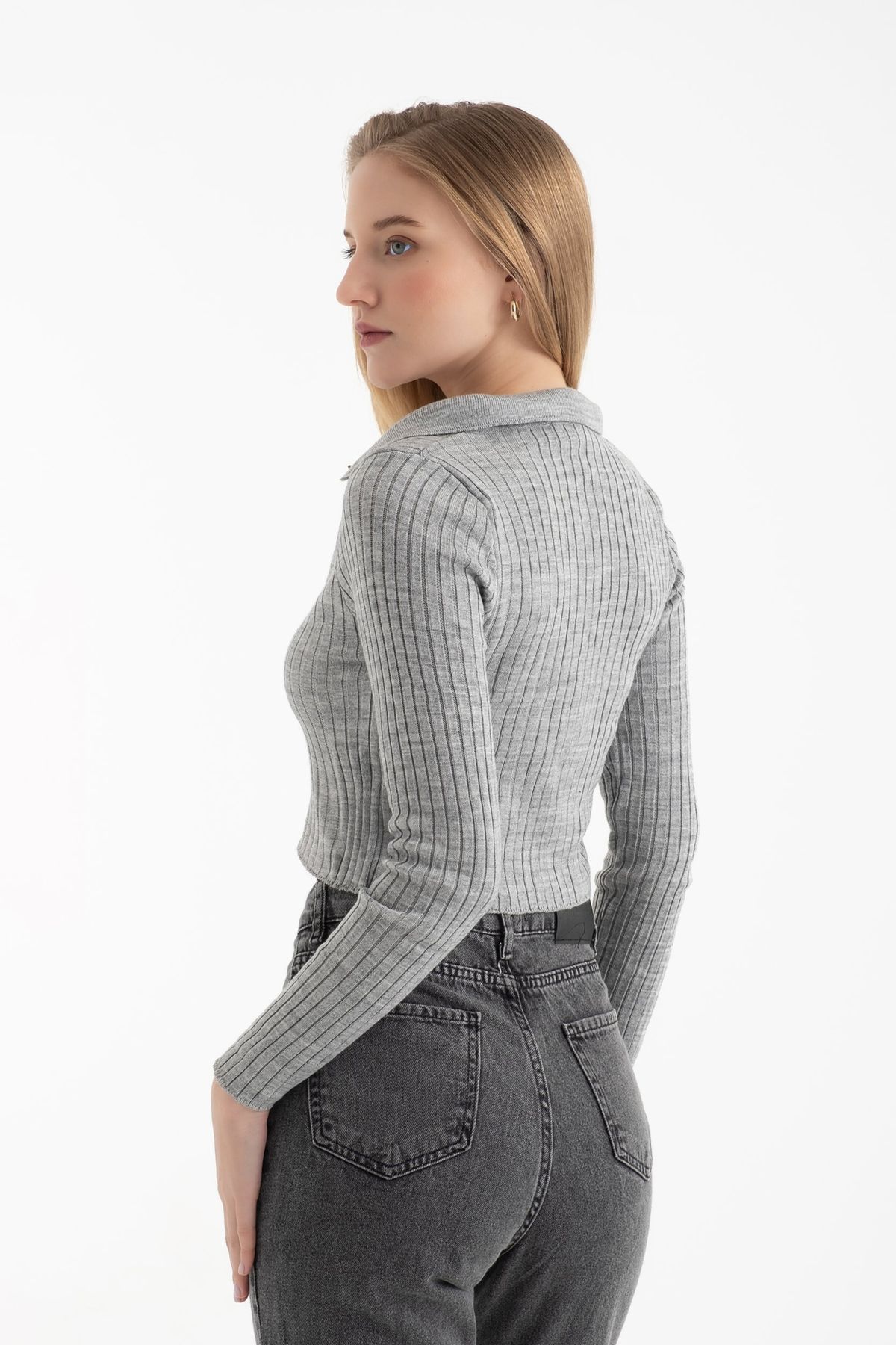 Polo Collar Ribbed Zippered Cropped Cardigan