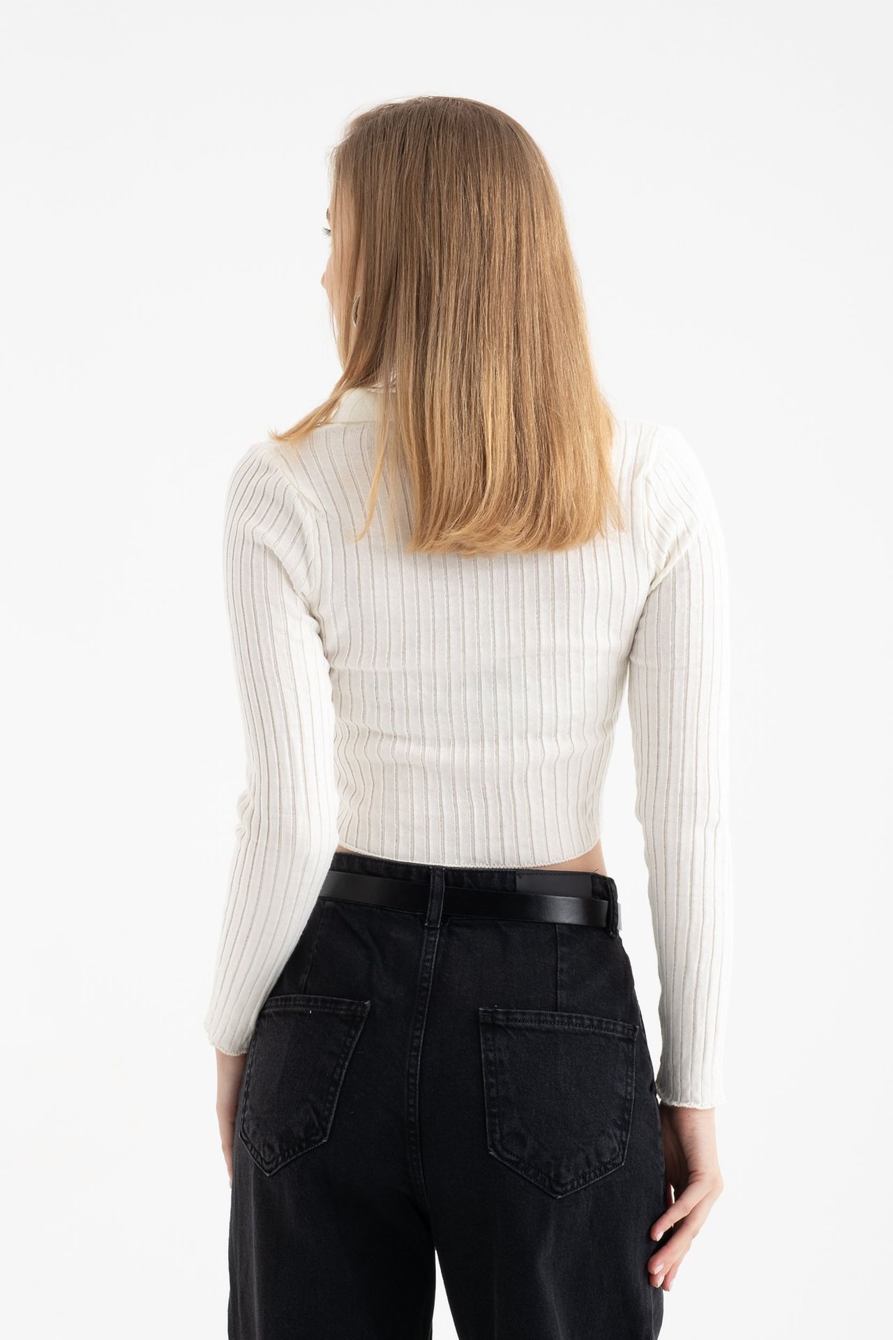 Polo Collar Ribbed Zippered Cropped Cardigan