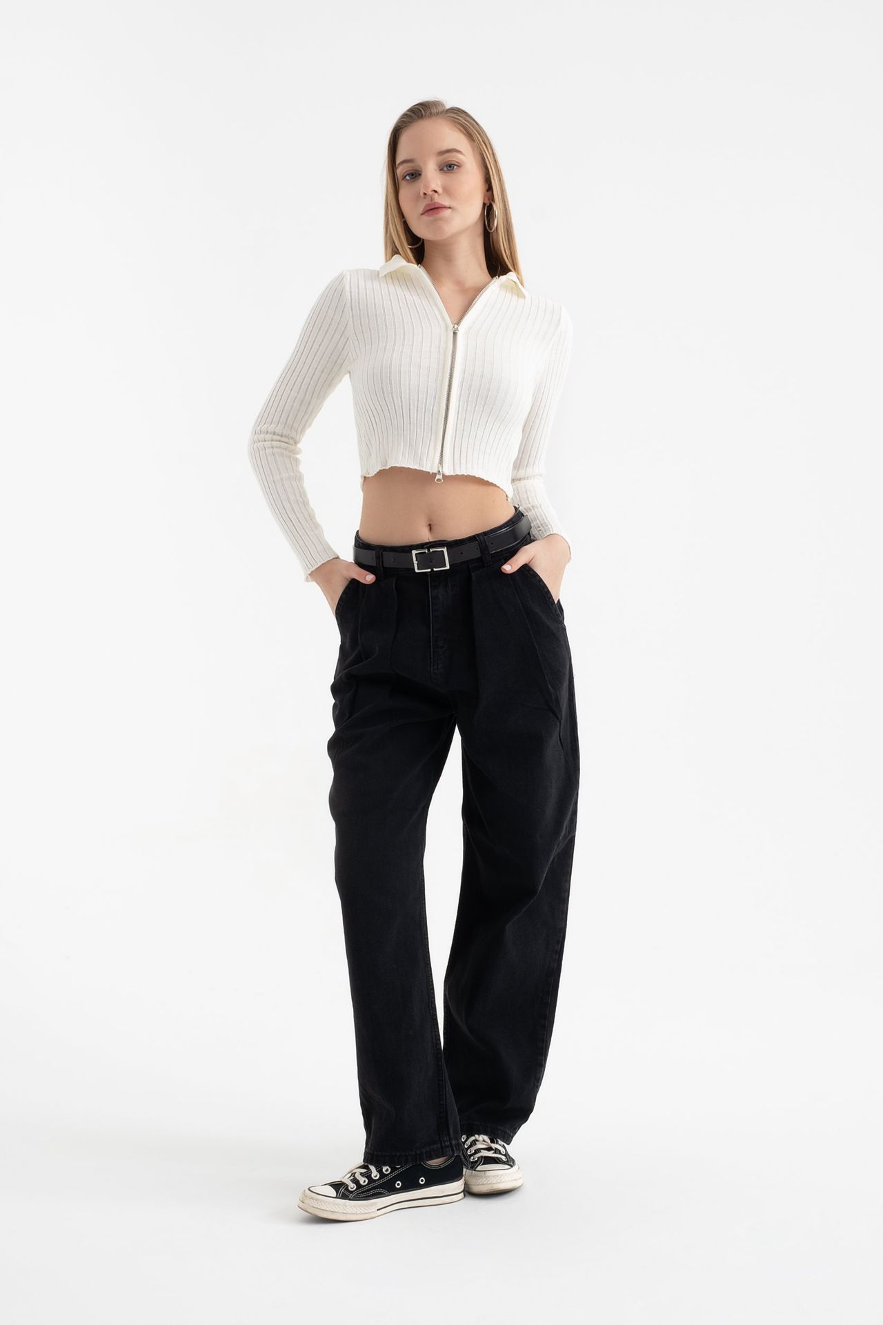 Polo Collar Ribbed Zippered Cropped Cardigan