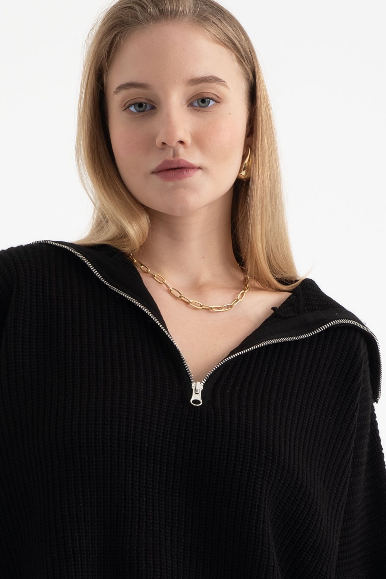V Neck Zippered Neck Sweater