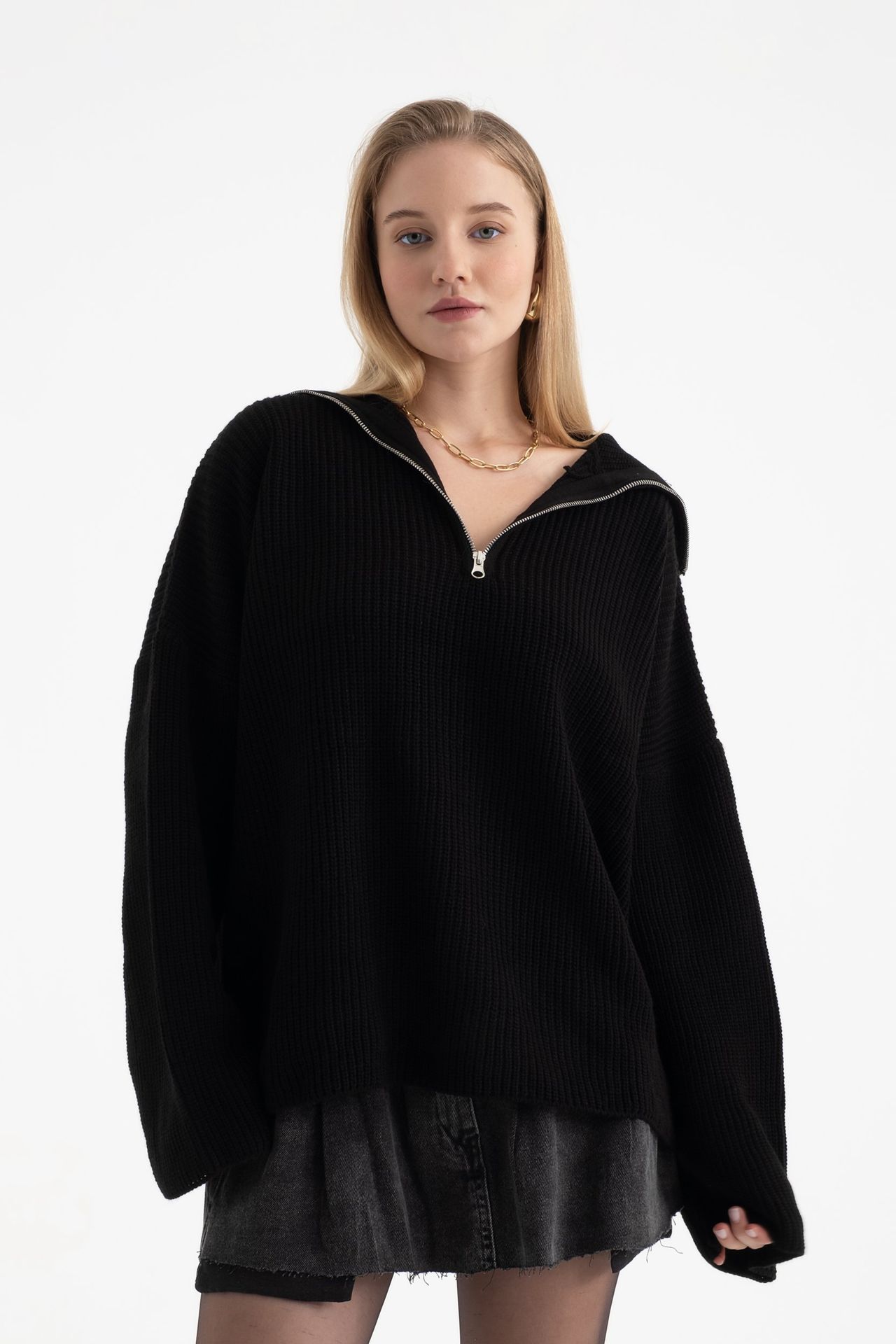 V Neck Zippered Neck Sweater