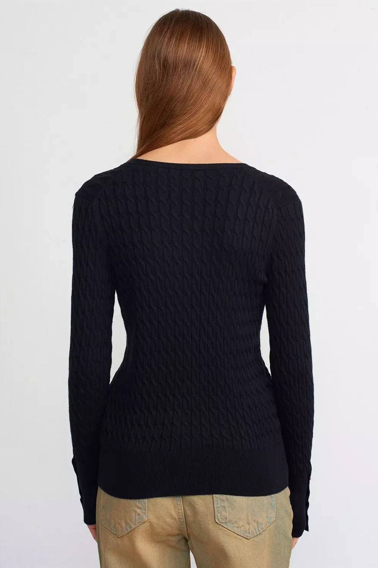 Cable Knitted V Neck Buttoned Cardigan