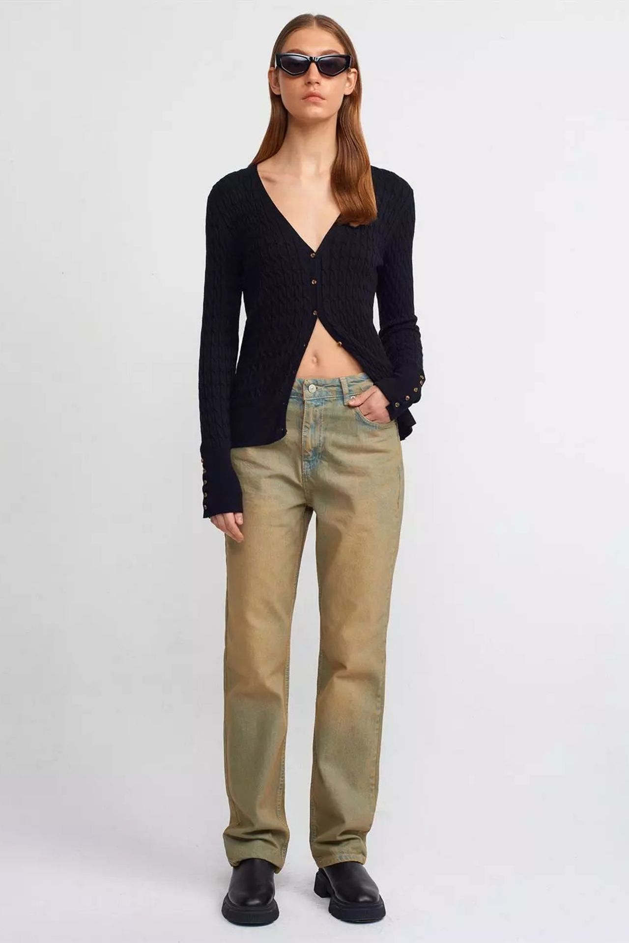 Cable Knitted V Neck Buttoned Cardigan