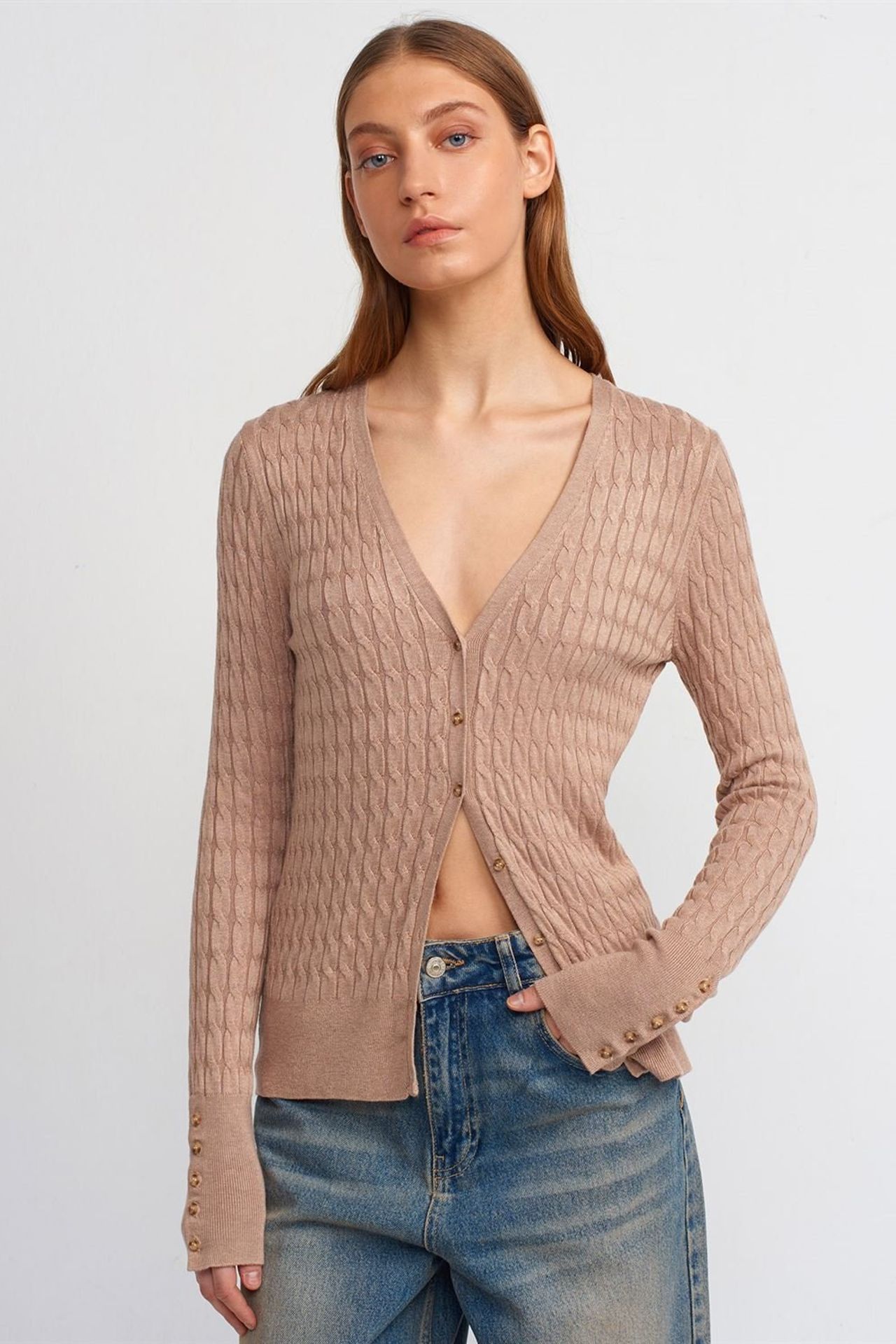 Cable Knitted V Neck Buttoned Cardigan