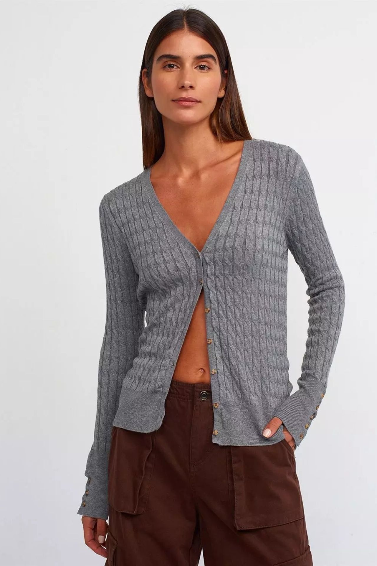 Cable Knitted V Neck Buttoned Cardigan