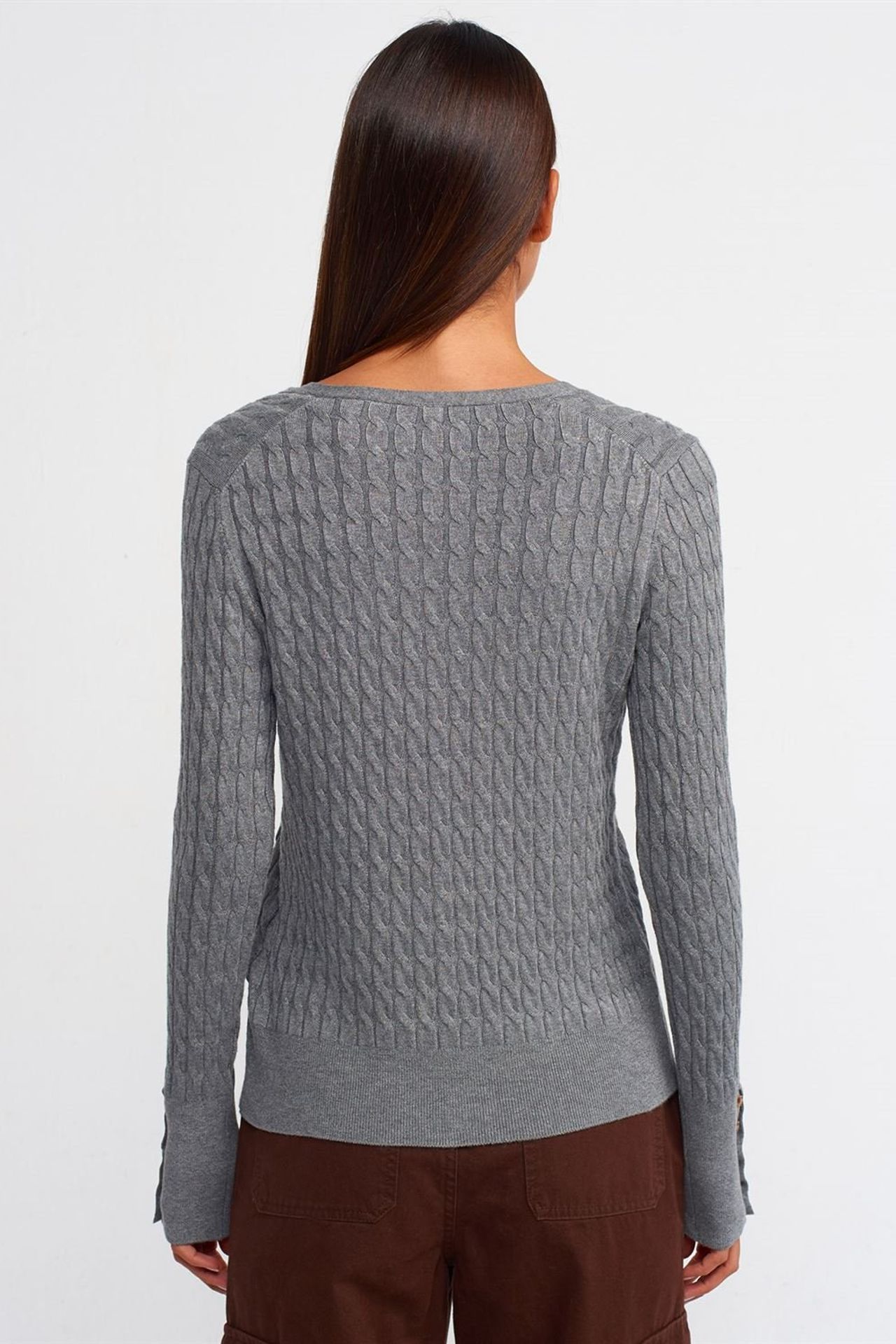 Cable Knitted V Neck Buttoned Cardigan