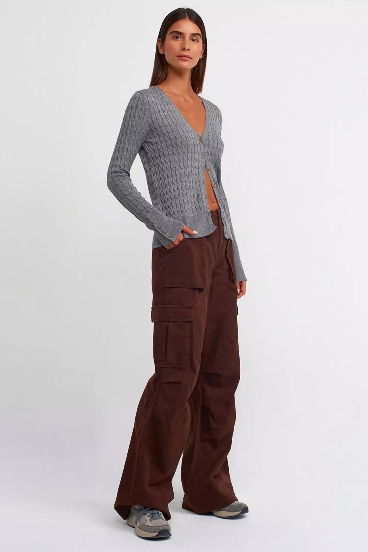 Cable Knitted V Neck Buttoned Cardigan