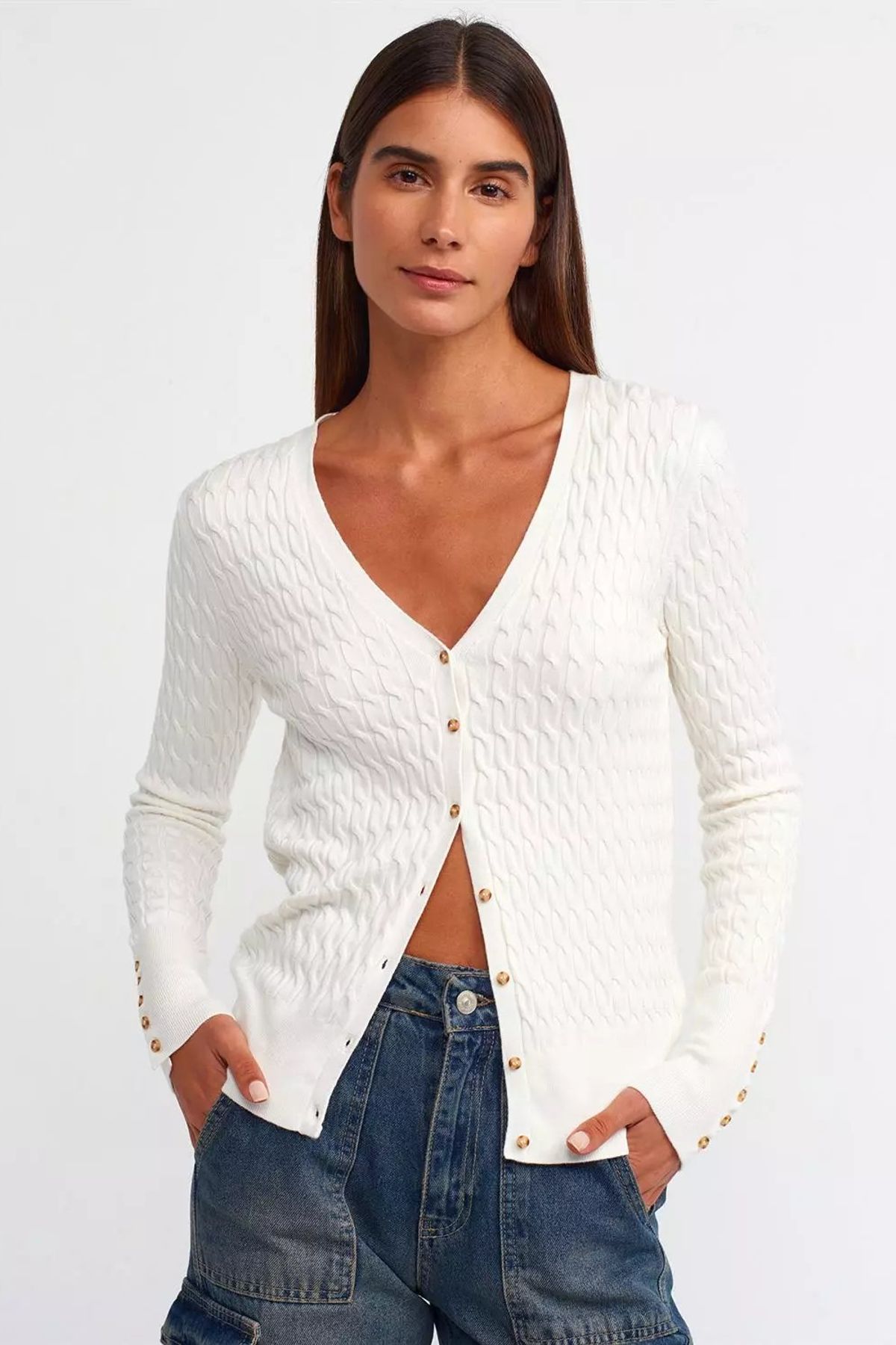 Cable Knitted V Neck Buttoned Cardigan